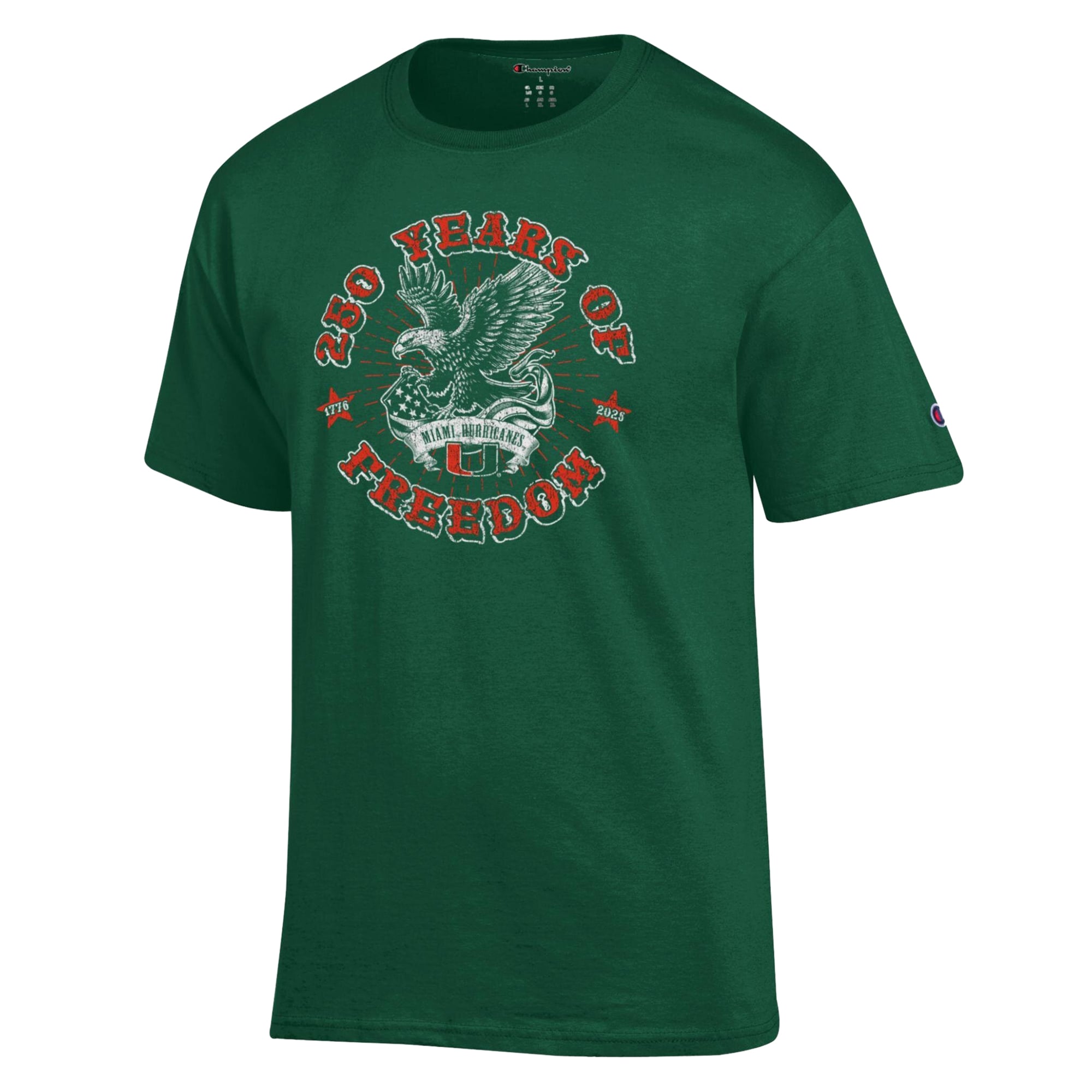 Men's Champion Green Miami Hurricanes Americana 250 Years of Freedom Tonal T-Shirt