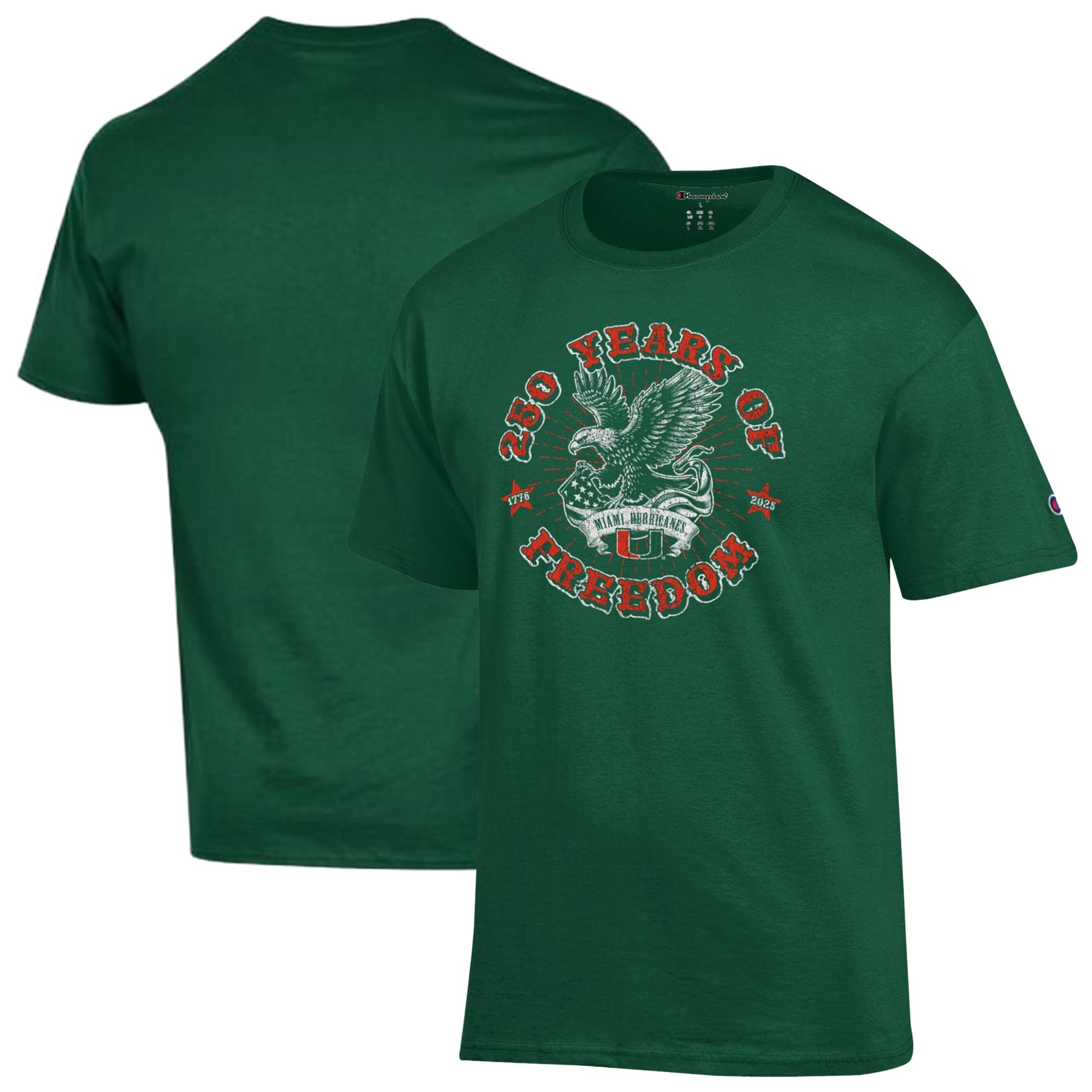 Men's Champion Green Miami Hurricanes Americana 250 Years of Freedom Tonal T-Shirt