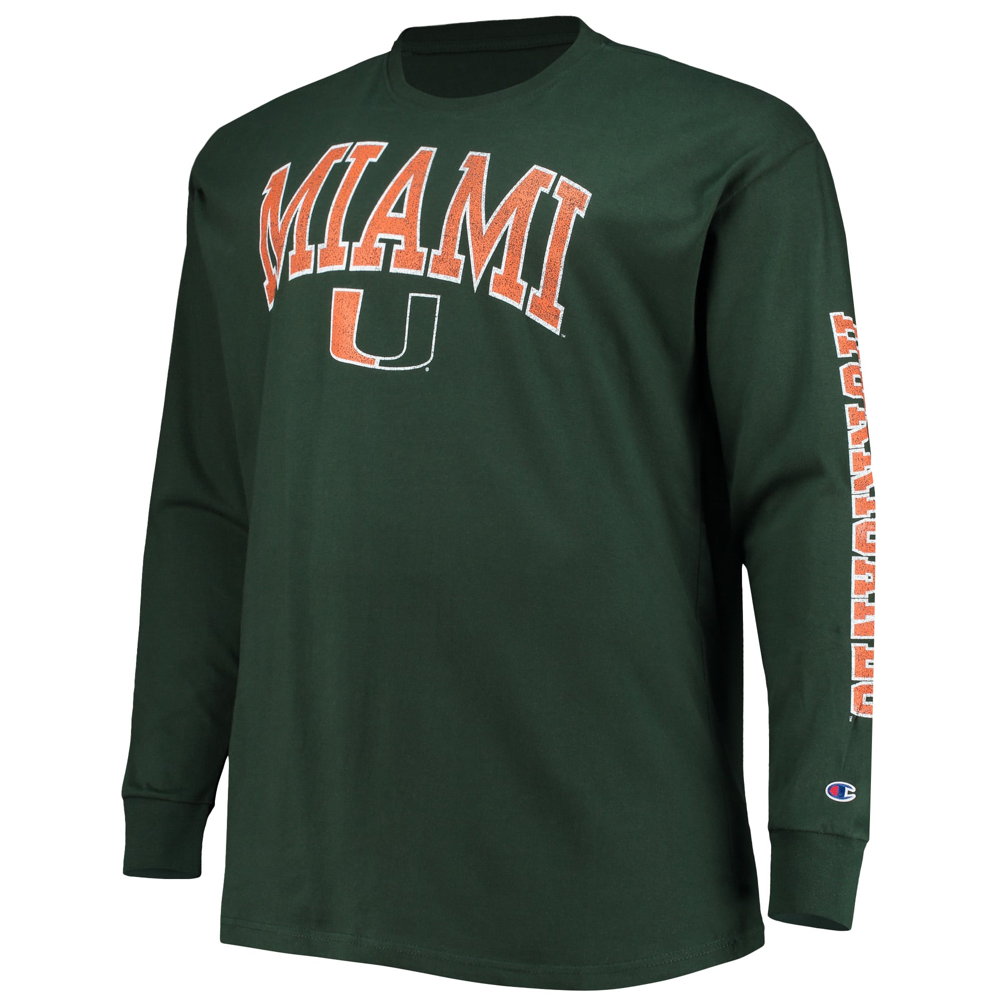 T-shirt à manches longues Champion vert Miami Hurricanes pour homme, grandes tailles, logo en arc sur le dessus