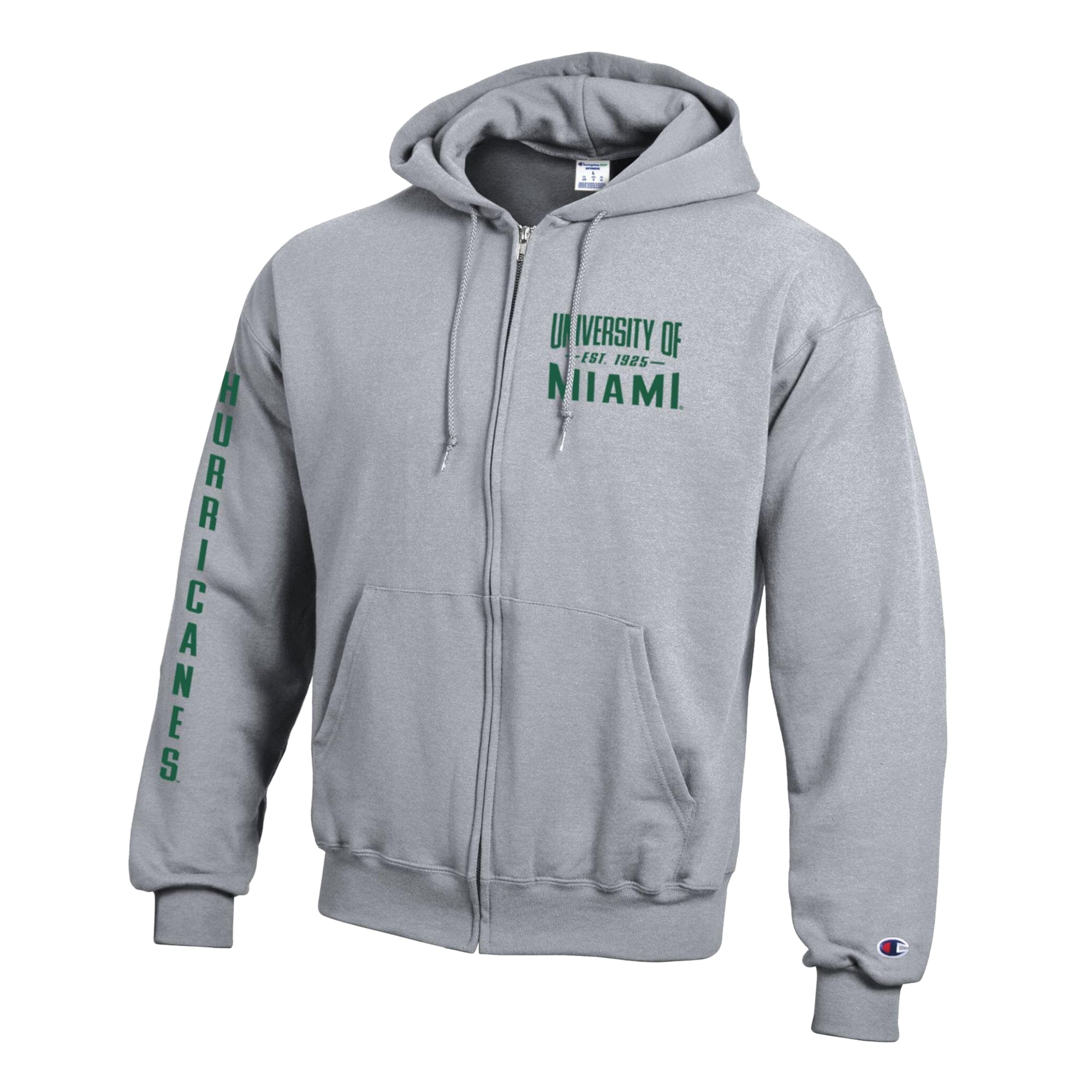 Men's Champion Heather Gray Miami Hurricanes Varsity Powerblend Full-Zip Fleece Hoodie