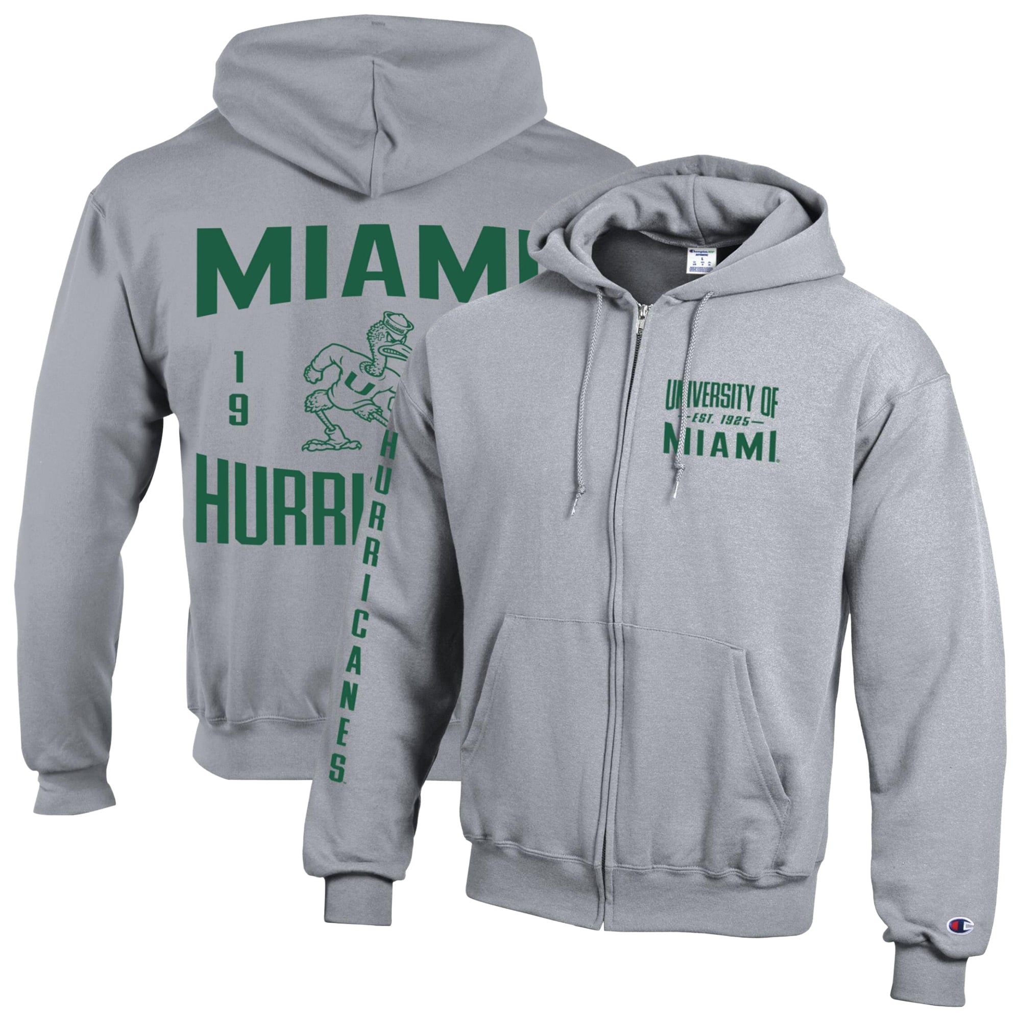 Men's Champion Heather Gray Miami Hurricanes Varsity Powerblend Full-Zip Fleece Hoodie