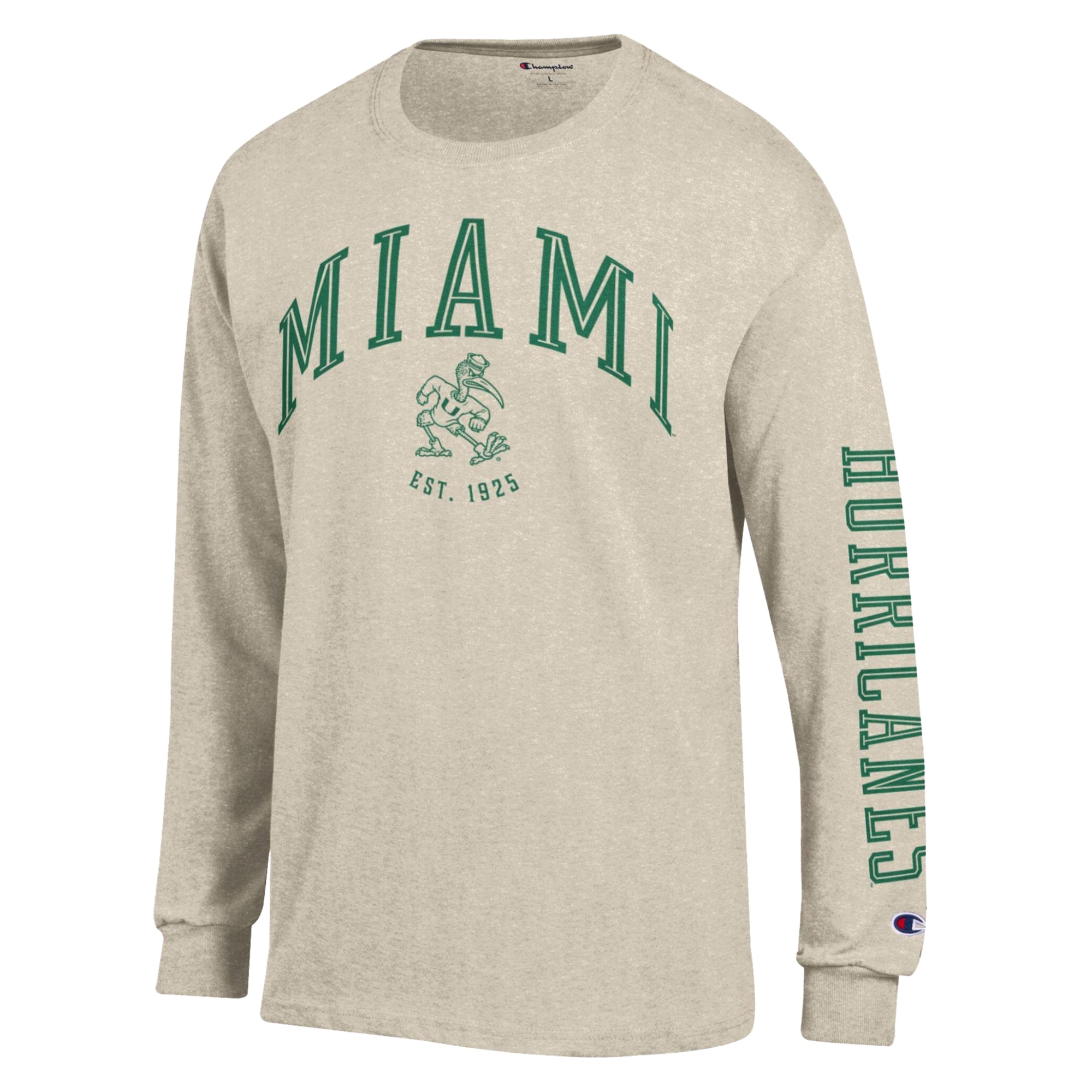 T-shirt à manches longues Champion Heather Oatmeal Miami Hurricanes pour homme, couleur neutre.