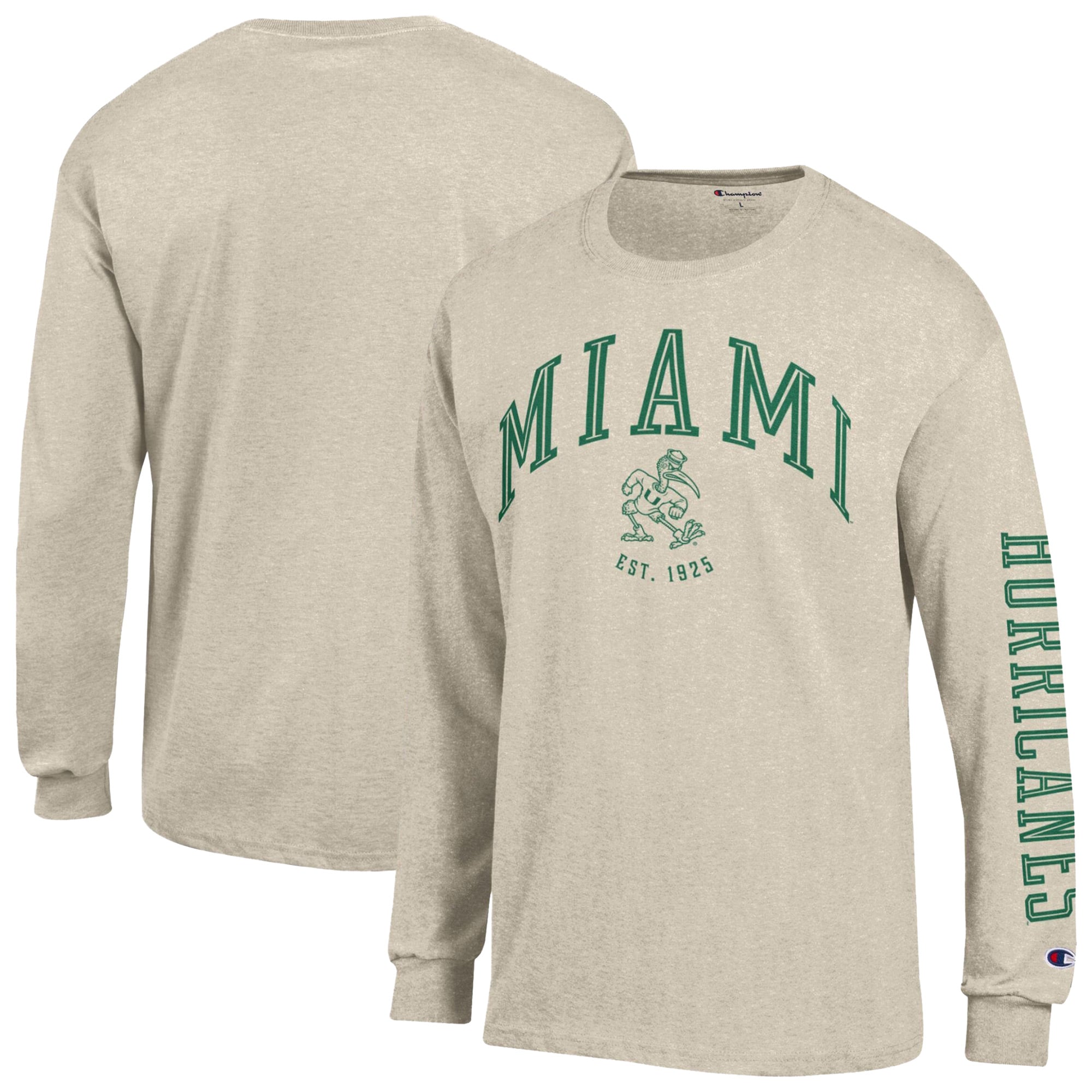 T-shirt à manches longues Champion Heather Oatmeal Miami Hurricanes pour homme, couleur neutre.