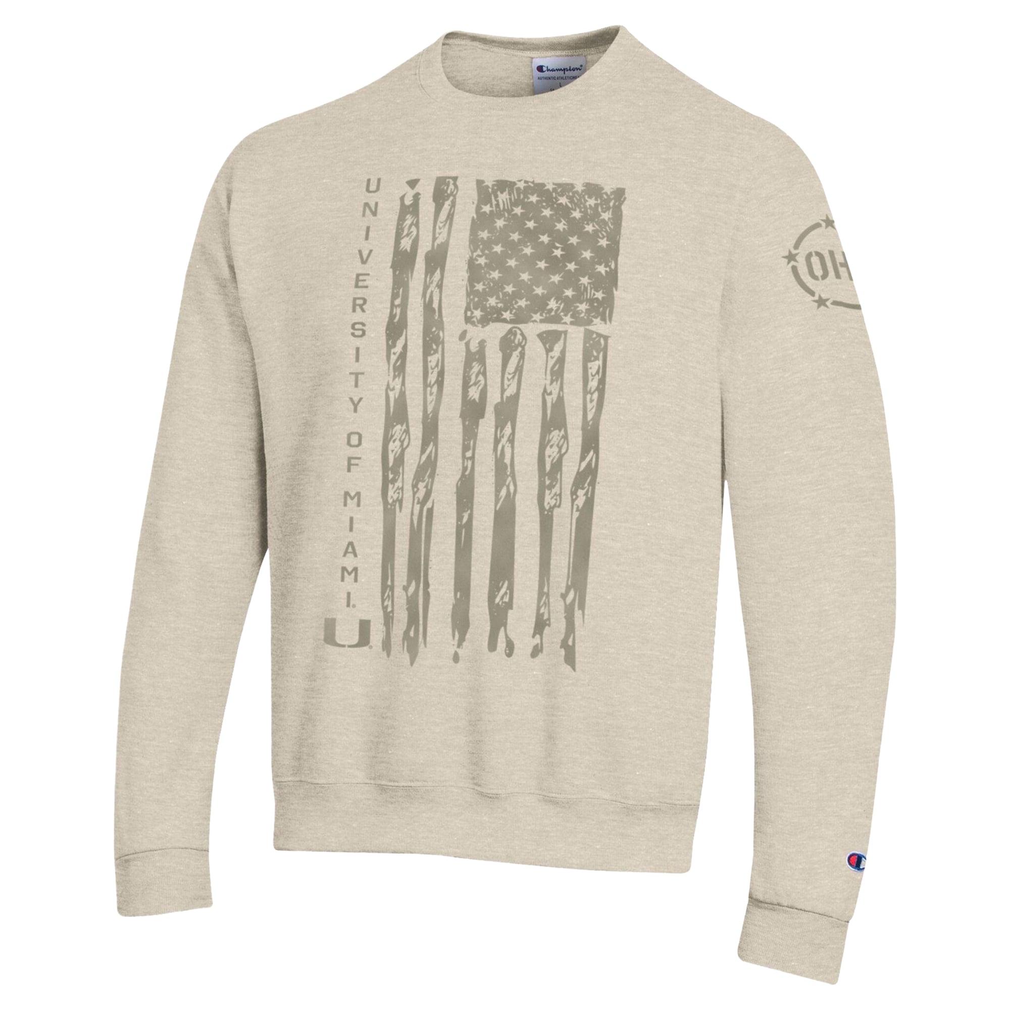 Sweat-shirt à col rond en polaire Champion Oatmeal Miami Hurricanes Operation Hat Trick Flag pour homme