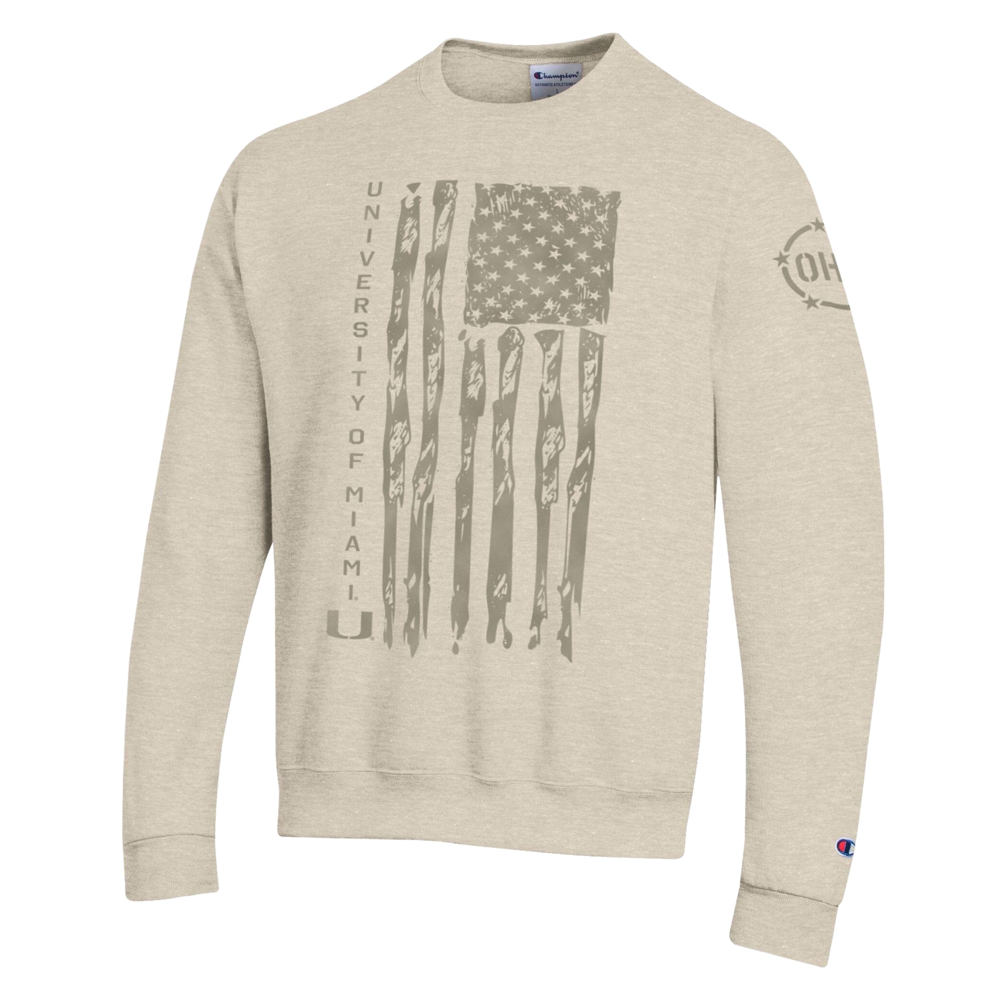Men's Champion Oatmeal Miami Hurricanes Operation Hat Trick Flag Fleece Crewneck Sweatshirt