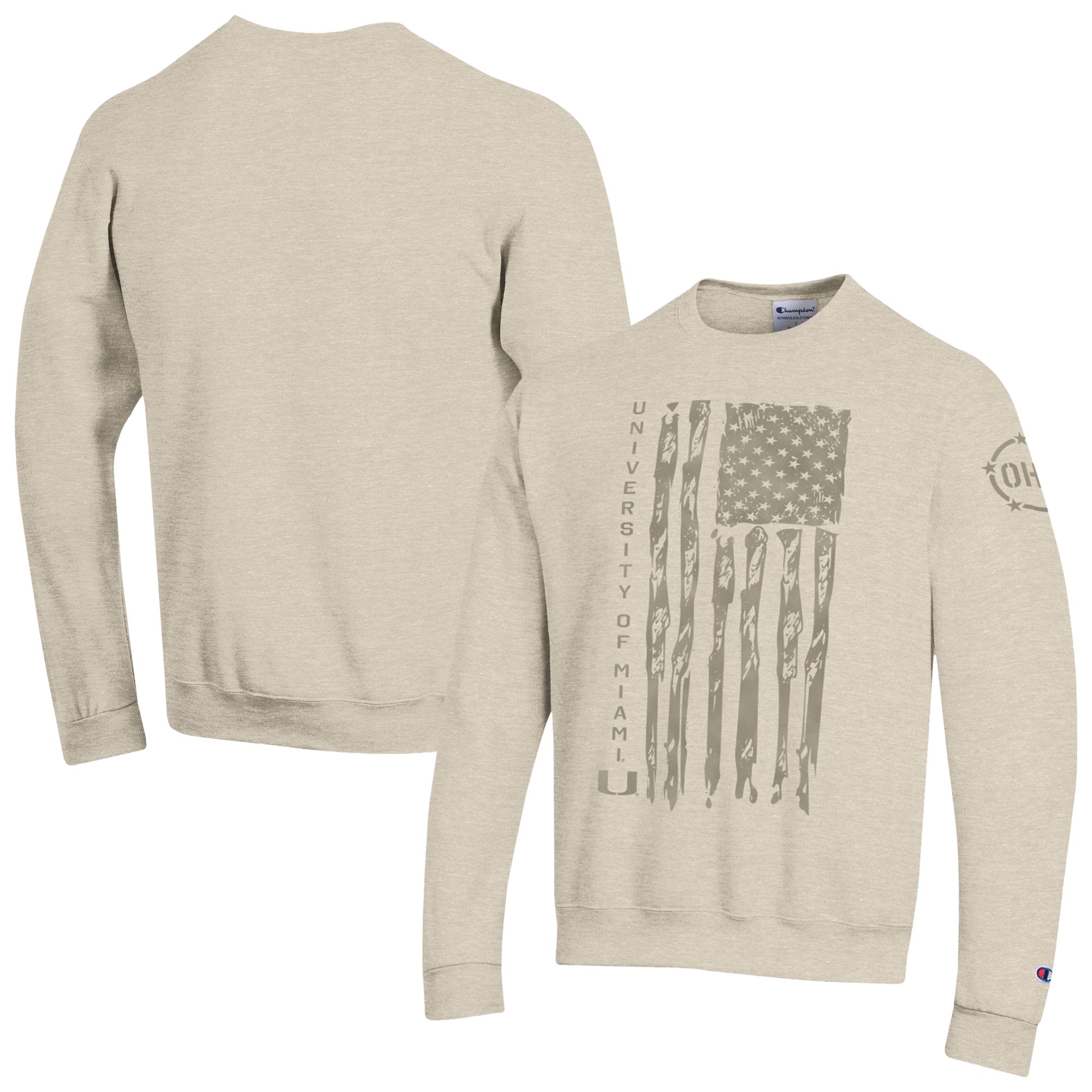 Men's Champion Oatmeal Miami Hurricanes Operation Hat Trick Flag Fleece Crewneck Sweatshirt