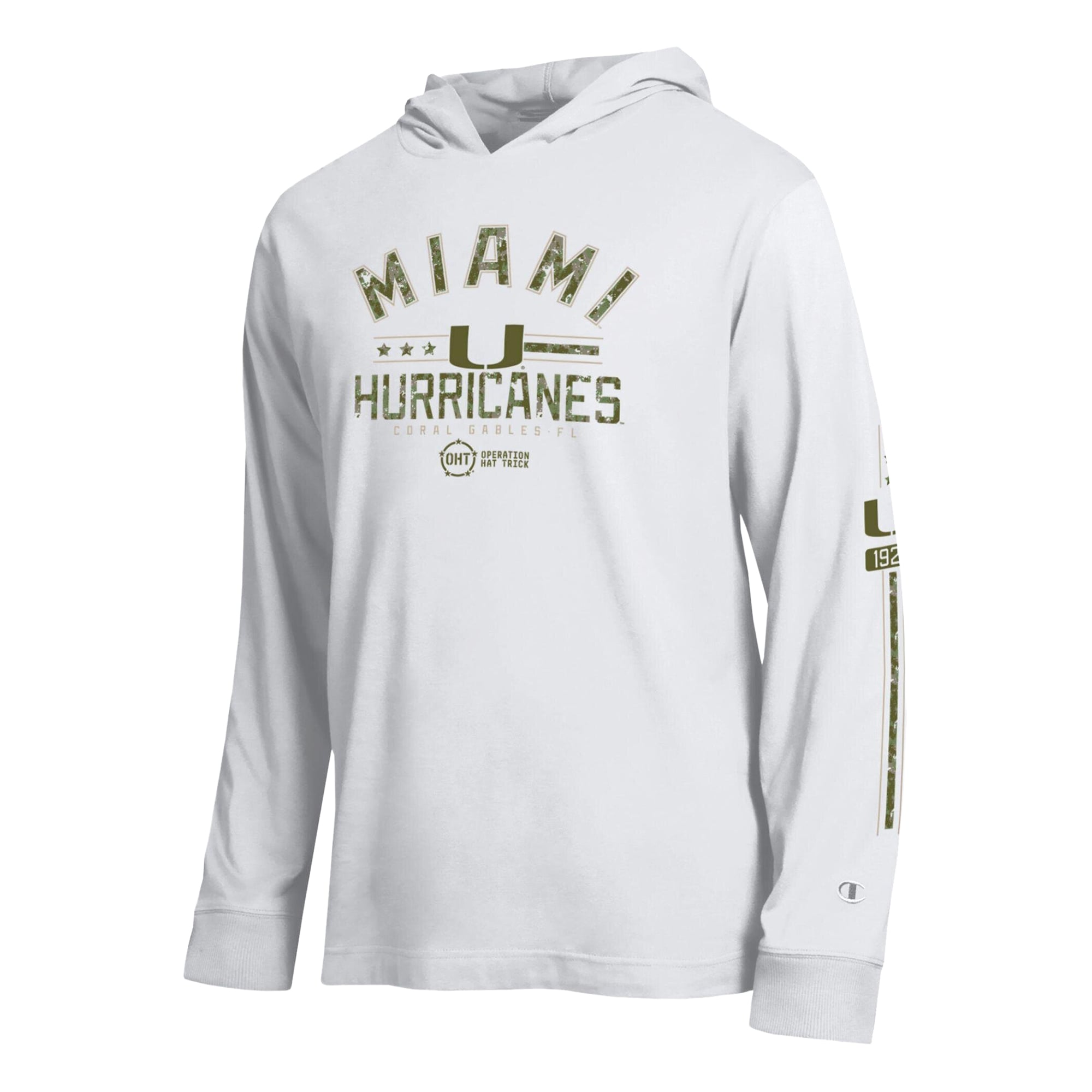T-shirt à manches longues capuche Champion blanc Miami Hurricanes Operation Hat Trick pour homme