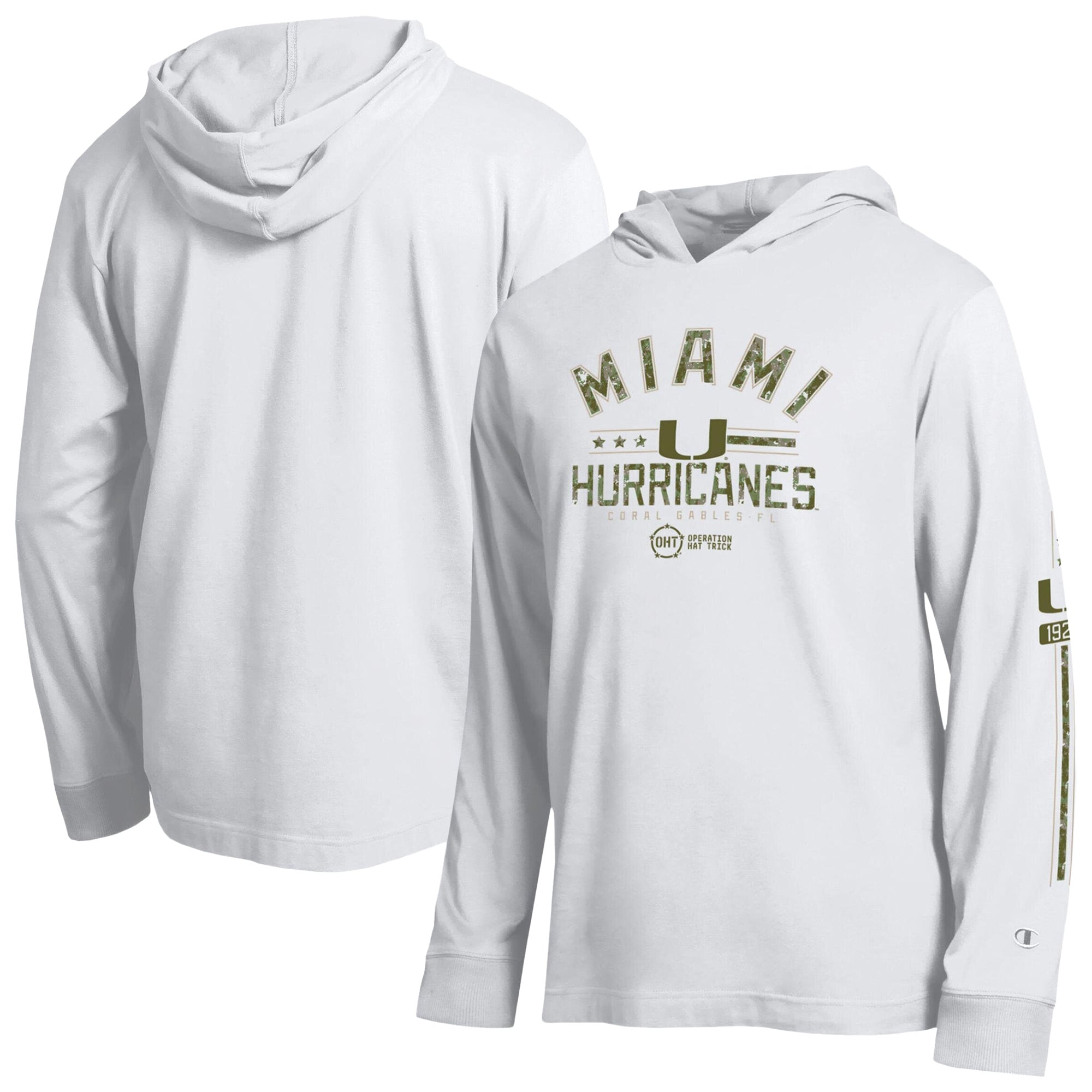 T-shirt à manches longues capuche Champion blanc Miami Hurricanes Operation Hat Trick pour homme