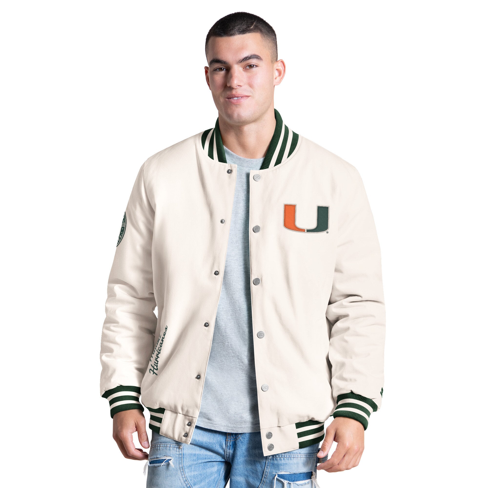Veste universitaire Starter blanche pour homme, modèle Miami Hurricanes, à boutons-pression.