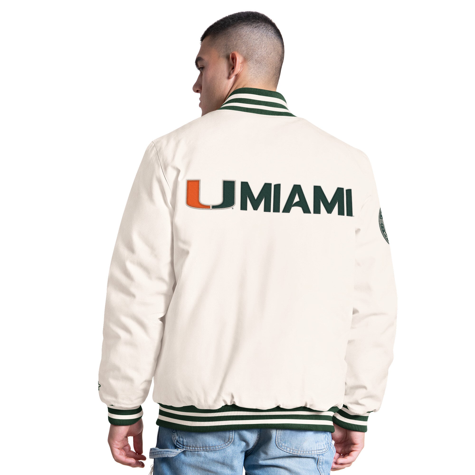 Veste universitaire Starter blanche pour homme, modèle Miami Hurricanes, à boutons-pression.