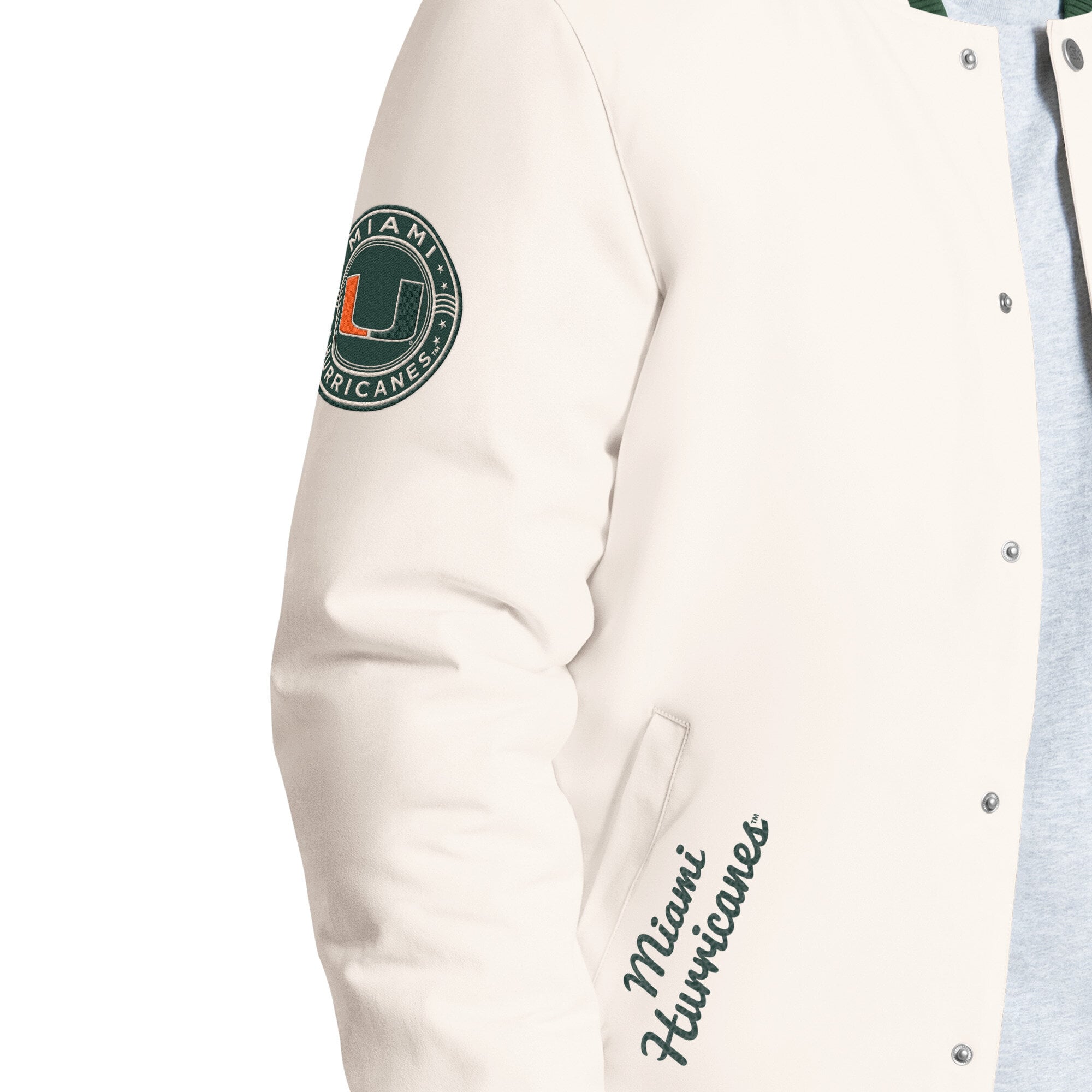 Veste universitaire Starter blanche pour homme, modèle Miami Hurricanes, à boutons-pression.