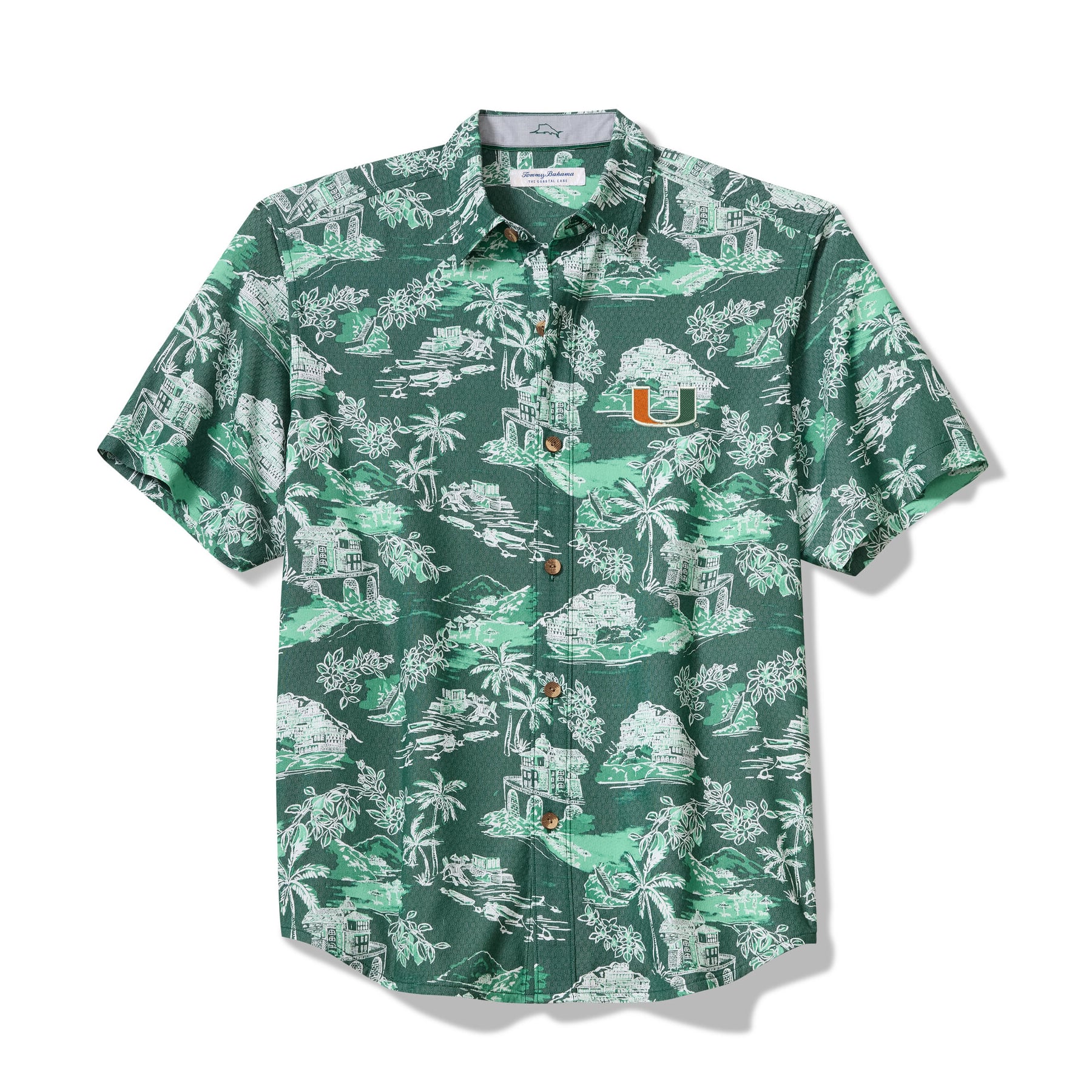 Chemise boutonnée Tommy Bahama Green Miami Hurricanes Coastal Ease Paradise Isle Camp pour homme
