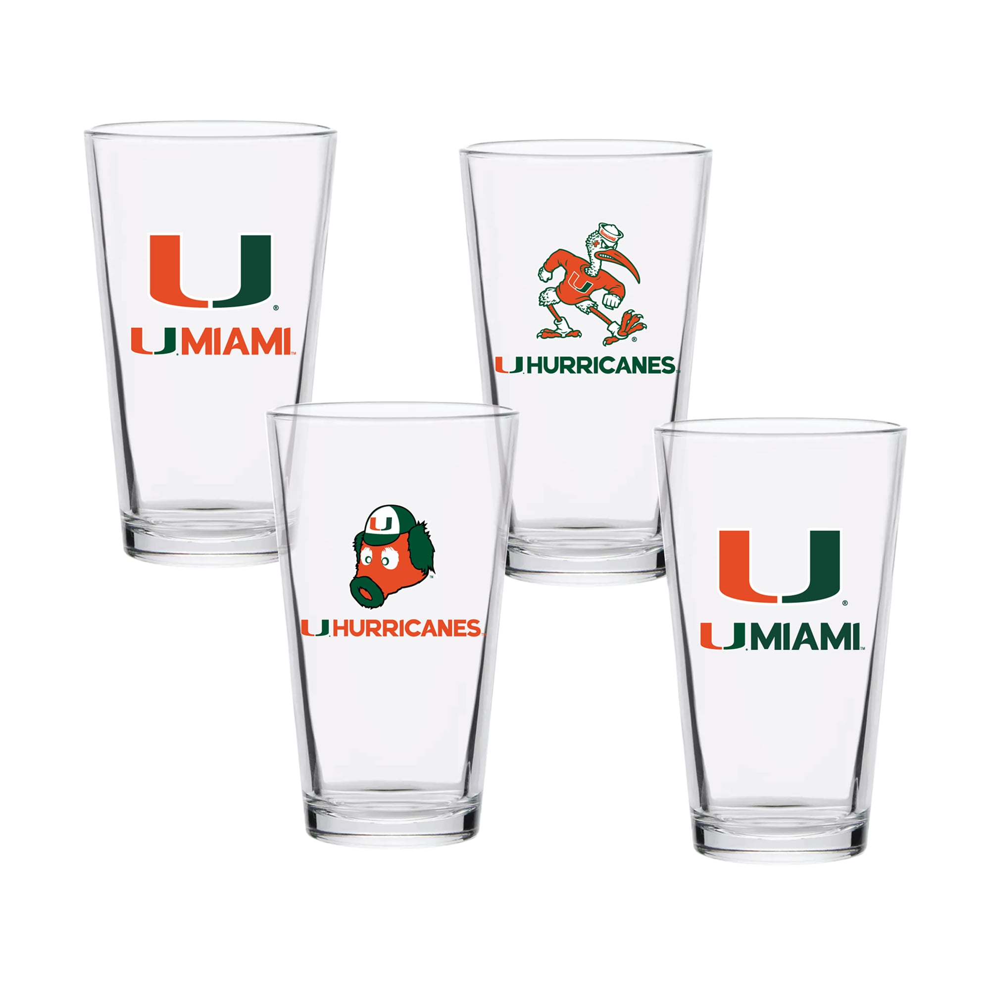 Ensemble de quatre verres à bière de collection Miami Hurricanes de 473 ml (16 oz).