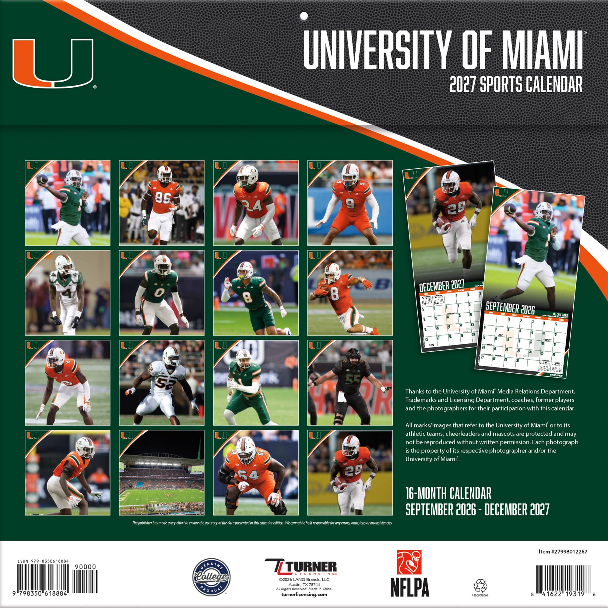 Miami Hurricanes 2027 12” x 12” Team Wall Calendar