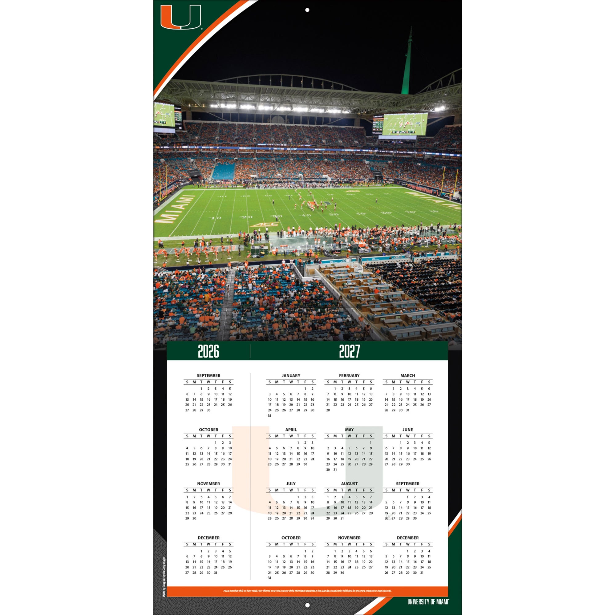 Miami Hurricanes 2027 12” x 12” Team Wall Calendar