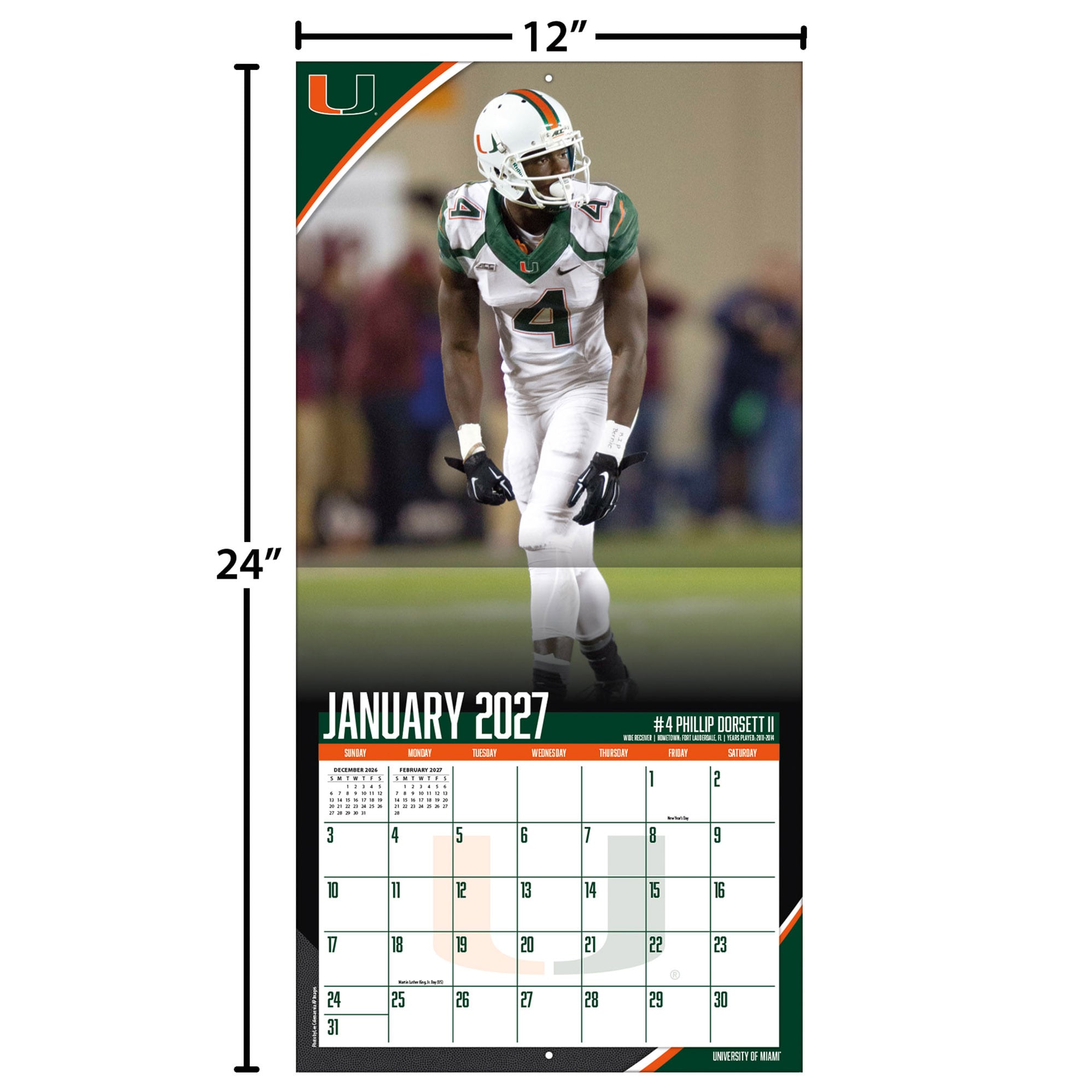 Miami Hurricanes 2027 12” x 12” Team Wall Calendar