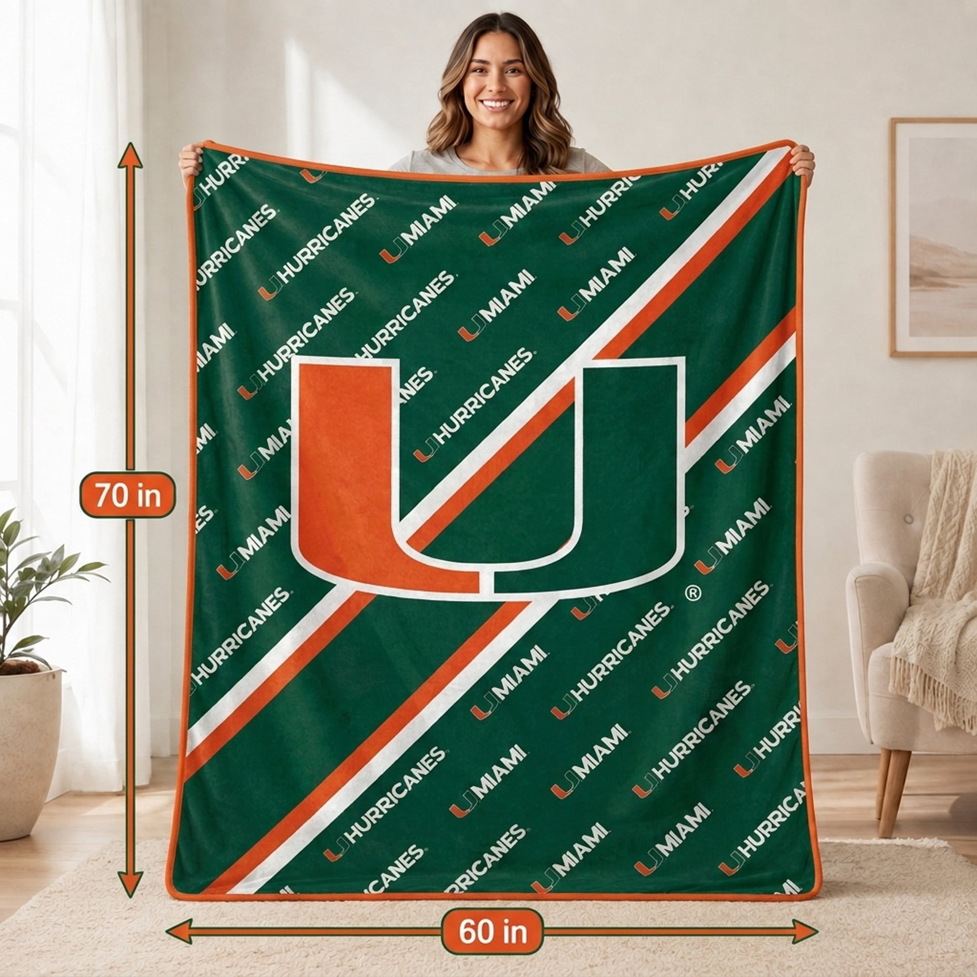 Couverture ultra douce Pegasus Miami Hurricanes 60" x 70" (diagonale) avec logo doublé