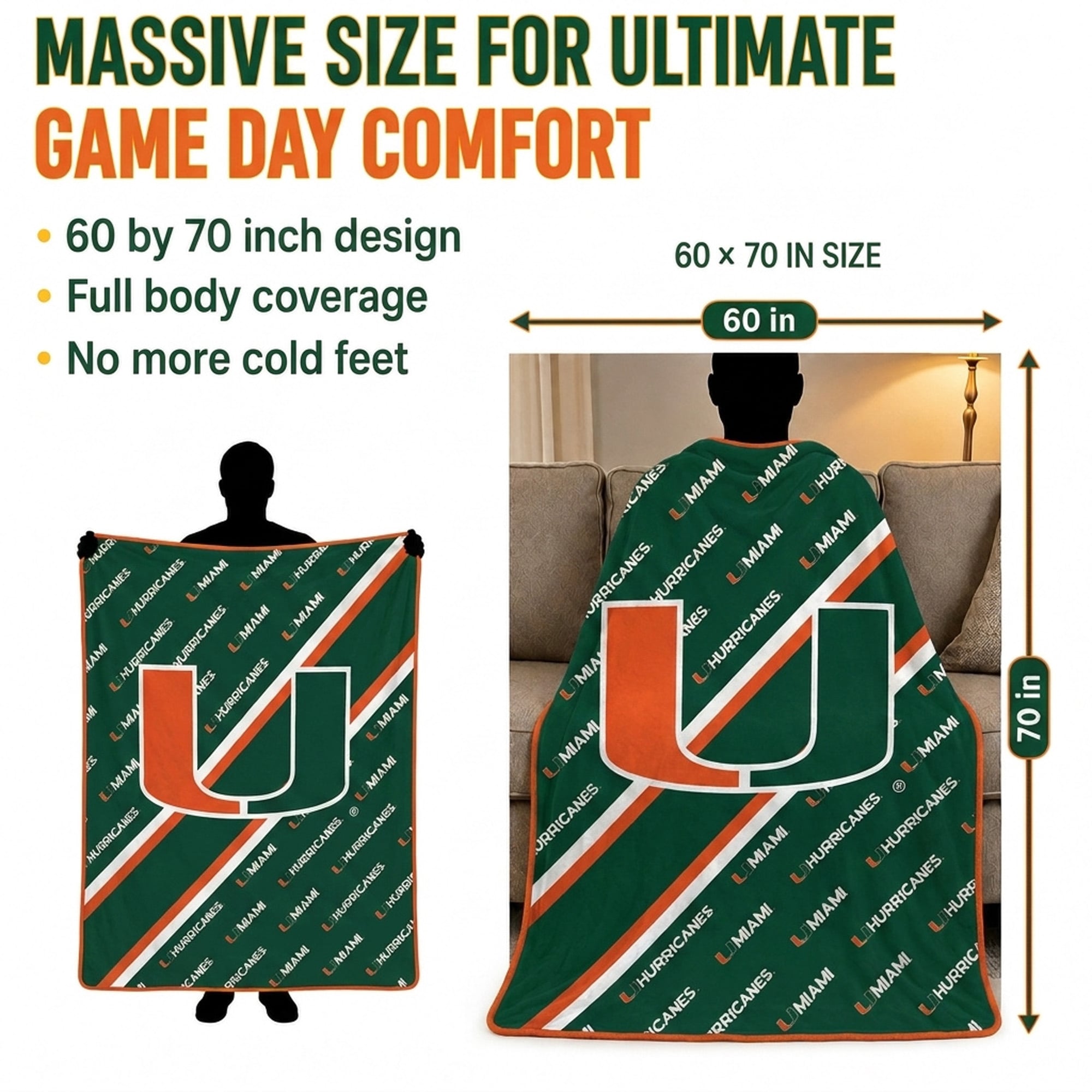 Couverture ultra douce Pegasus Miami Hurricanes 60" x 70" (diagonale) avec logo doublé