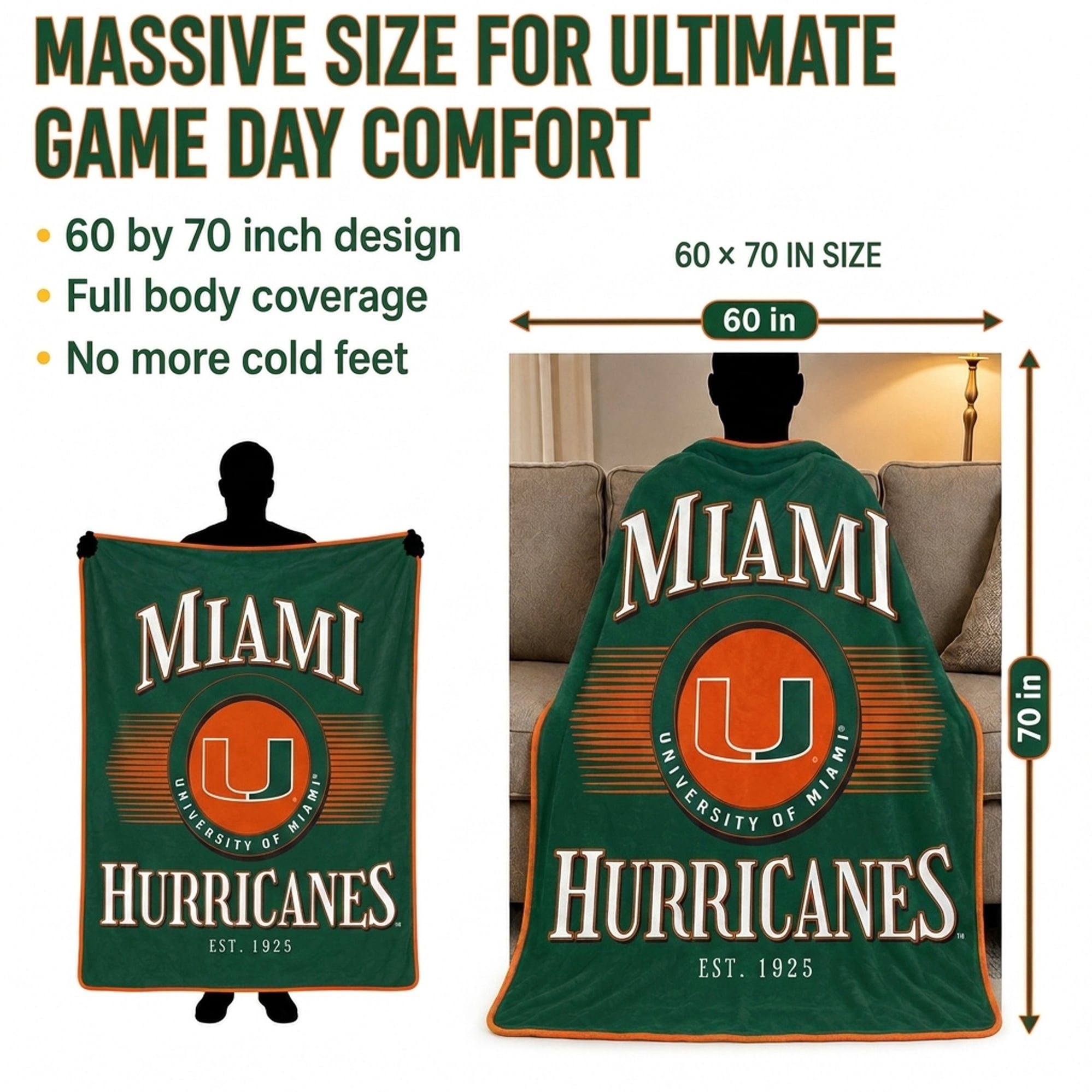 Pegasus Miami Hurricanes Spotlight Arch 60" x 70" Ultra Soft Throw Blanket