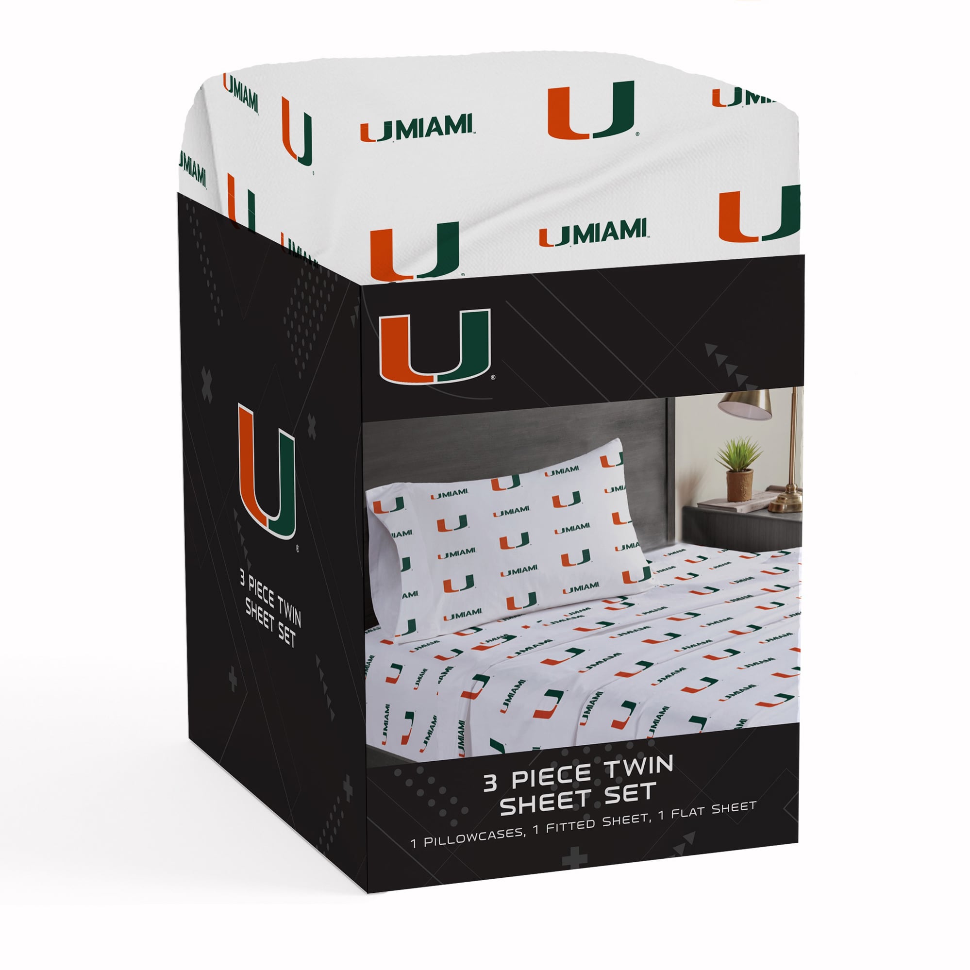 Pegasus Miami Hurricanes Three-Piece Twin Sheet Set