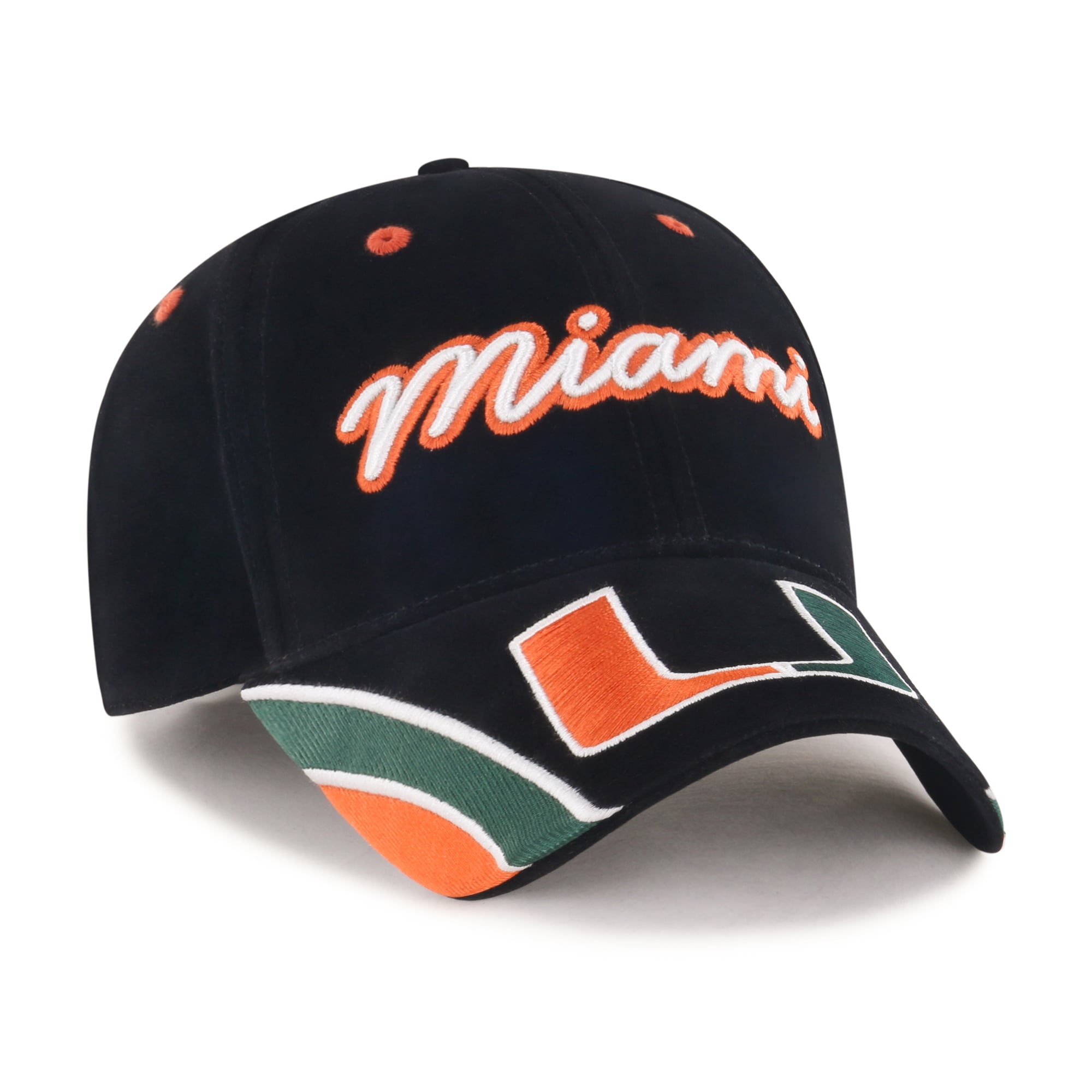 Casquette ajustable pour femme « 47 » en velours denim noir Miami Hurricanes avec inscription MVP