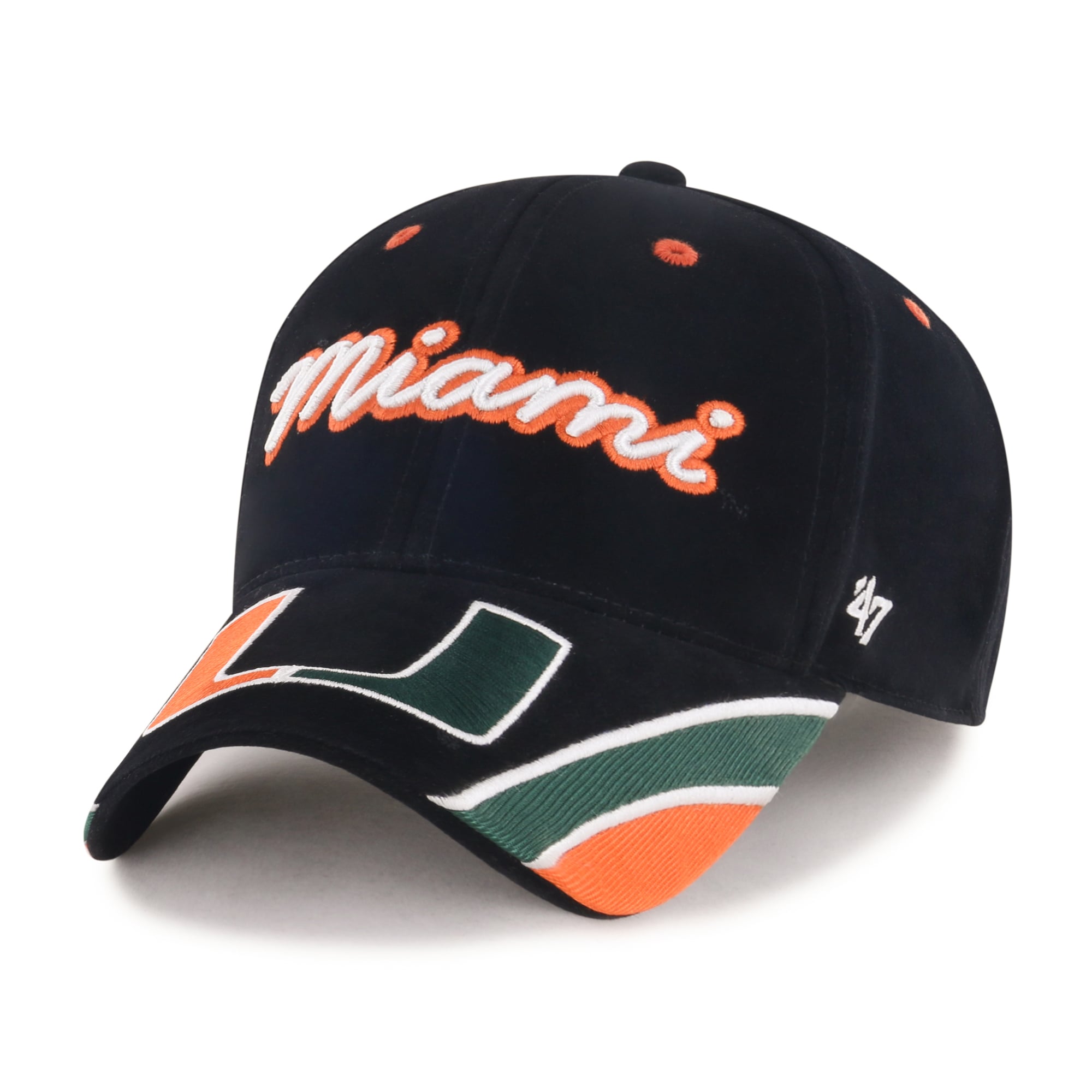 Casquette ajustable pour femme « 47 » en velours denim noir Miami Hurricanes avec inscription MVP