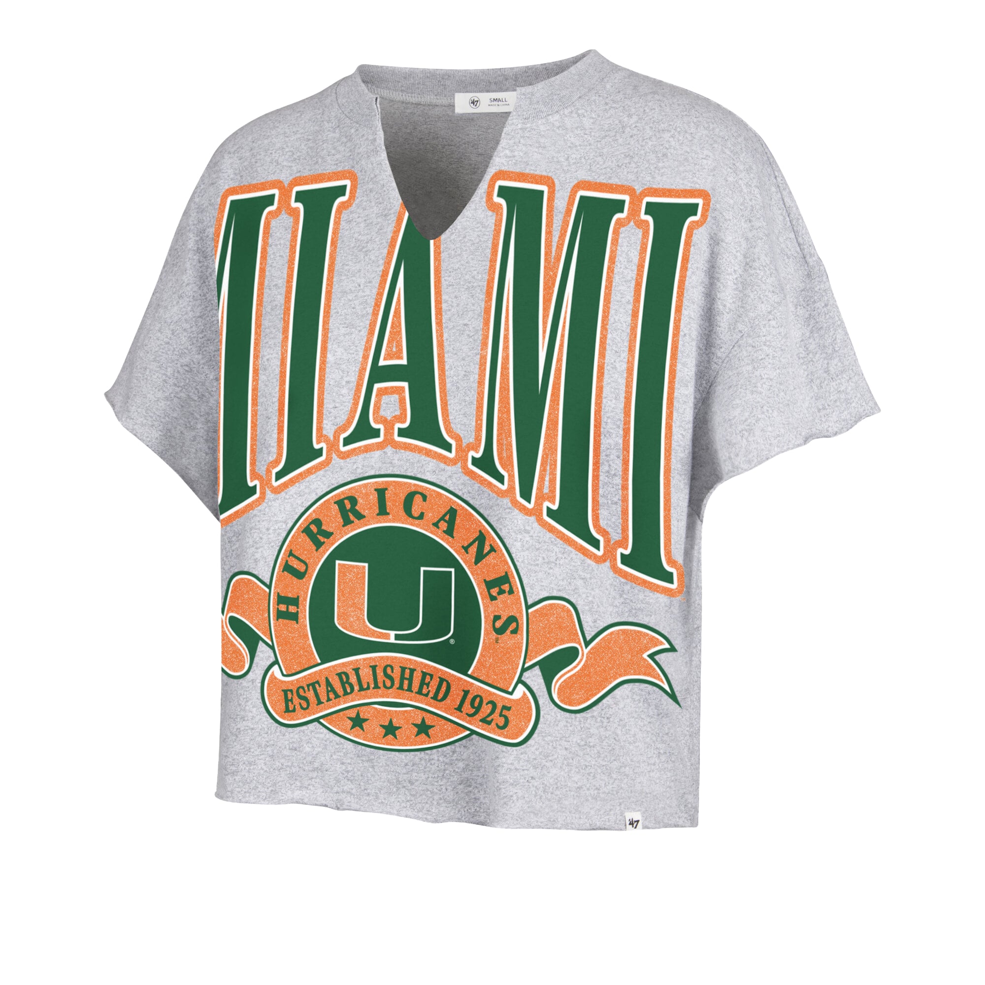 Women's '47 Gray Miami Hurricanes Banners Out Oversized Notch-Neck T-Shirt
