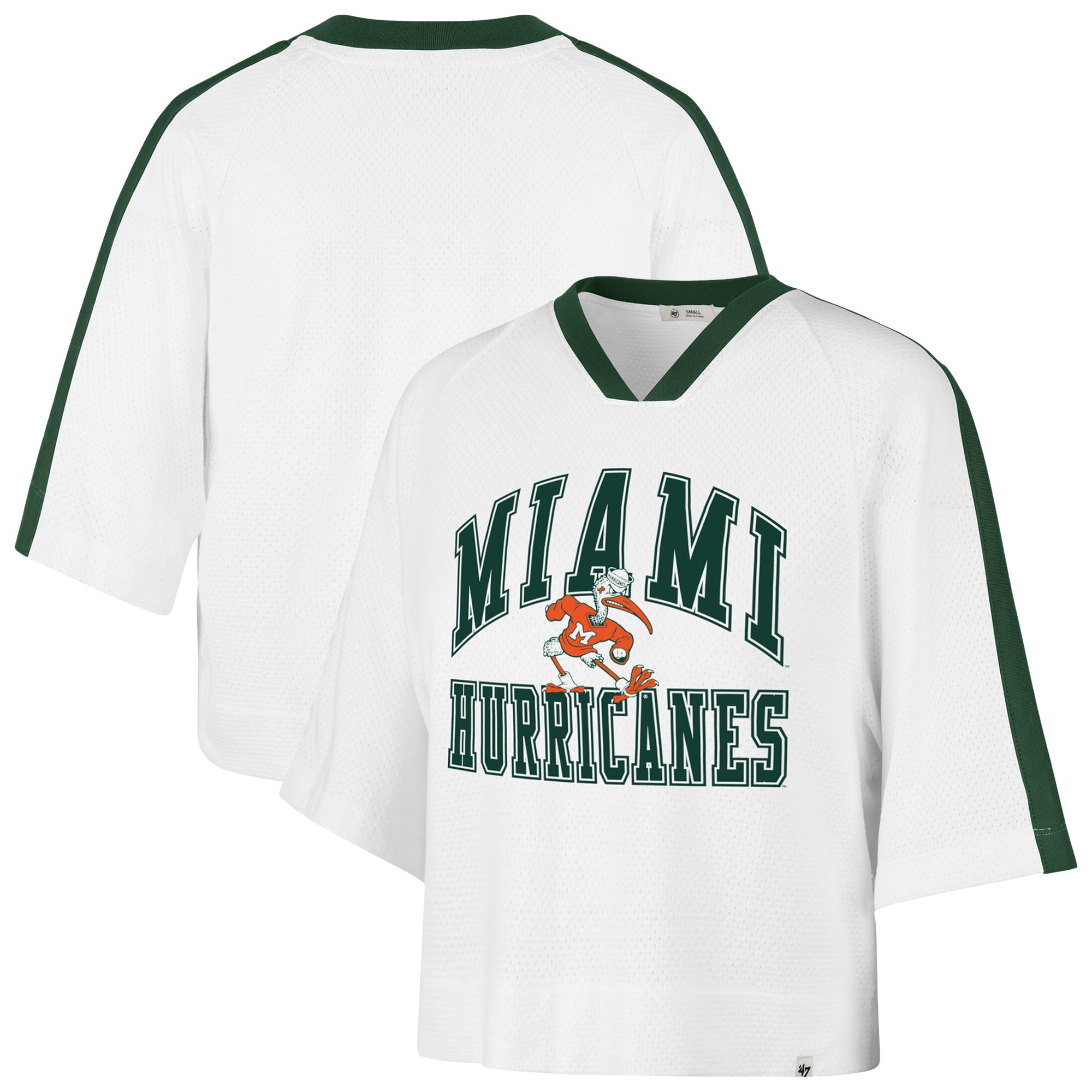 Women's '47 White Miami Hurricanes Big Overarch Drop Needle Raglan V-Neck T-Shirt