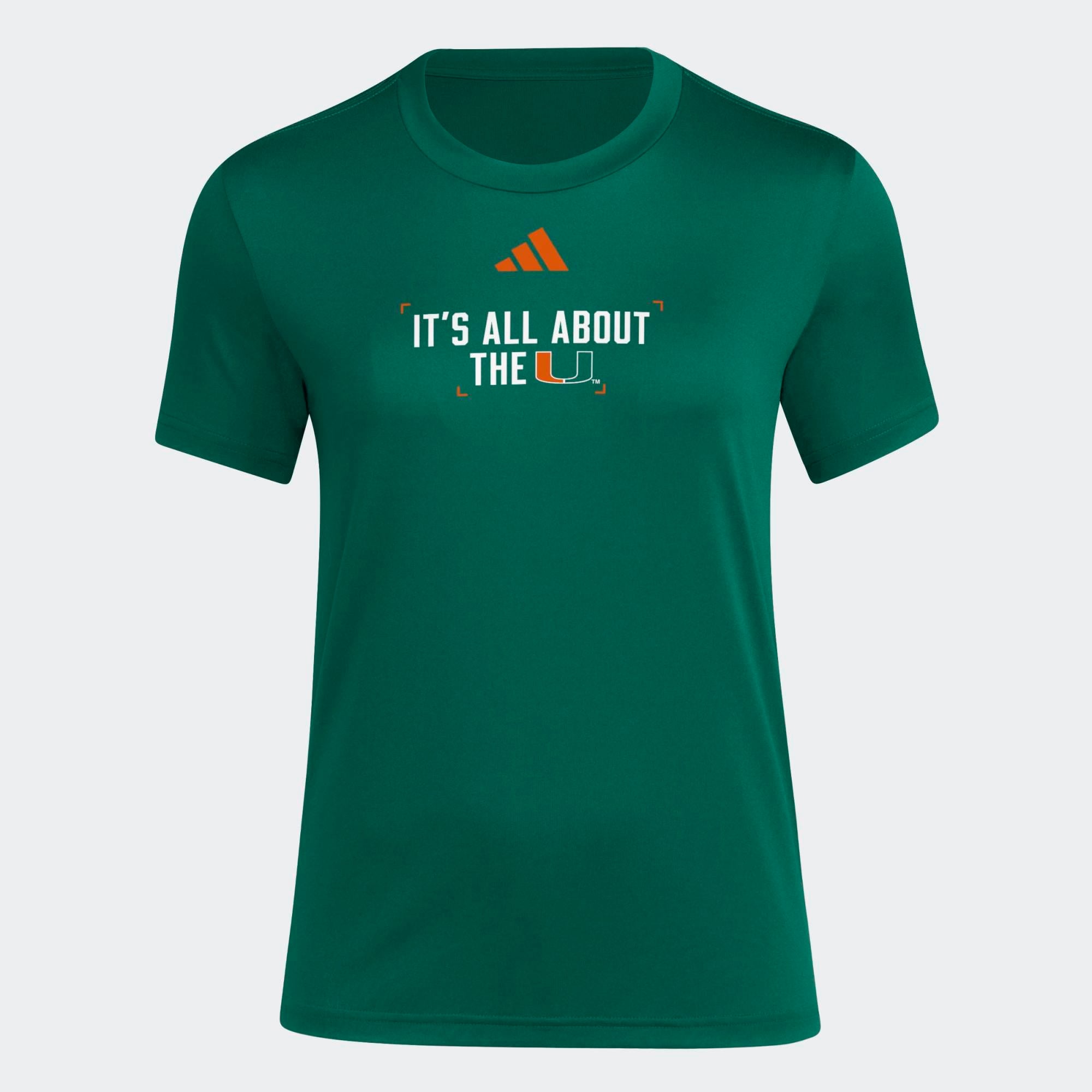 T-shirt d'avant-match adidas vert Miami Hurricanes pour femmes, avec slogan de vestiaire