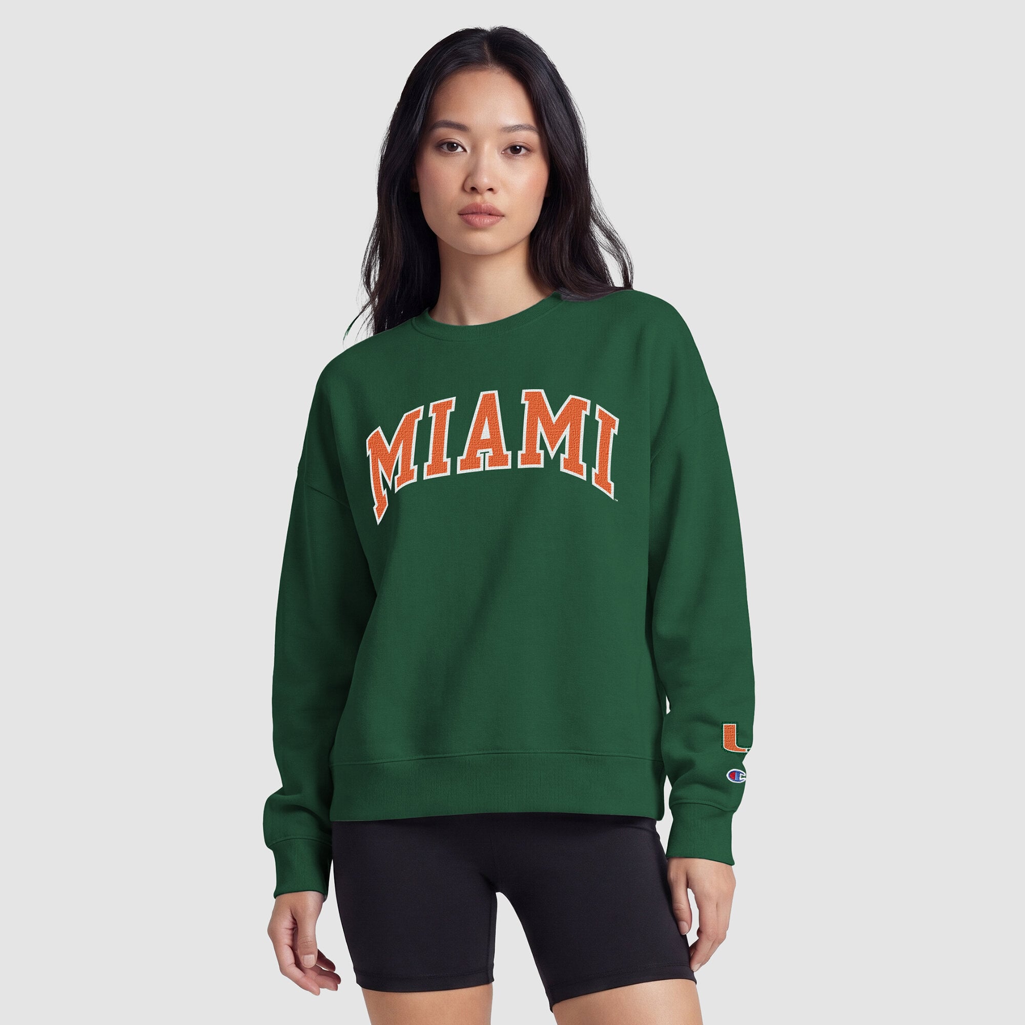 Women's Champion Green Miami Hurricanes Fleece Crew Sweatshirt