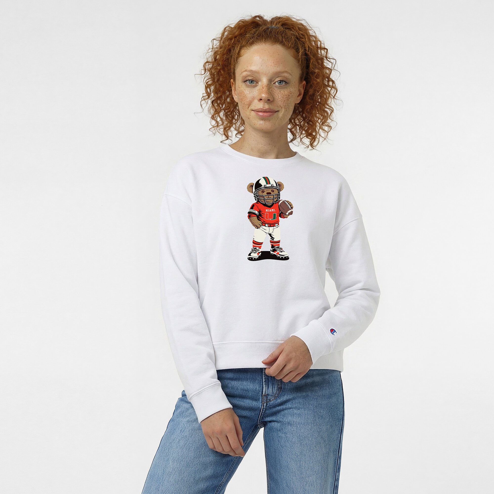 Women's Champion  White Miami Hurricanes Teddy Bear Sweatshirt