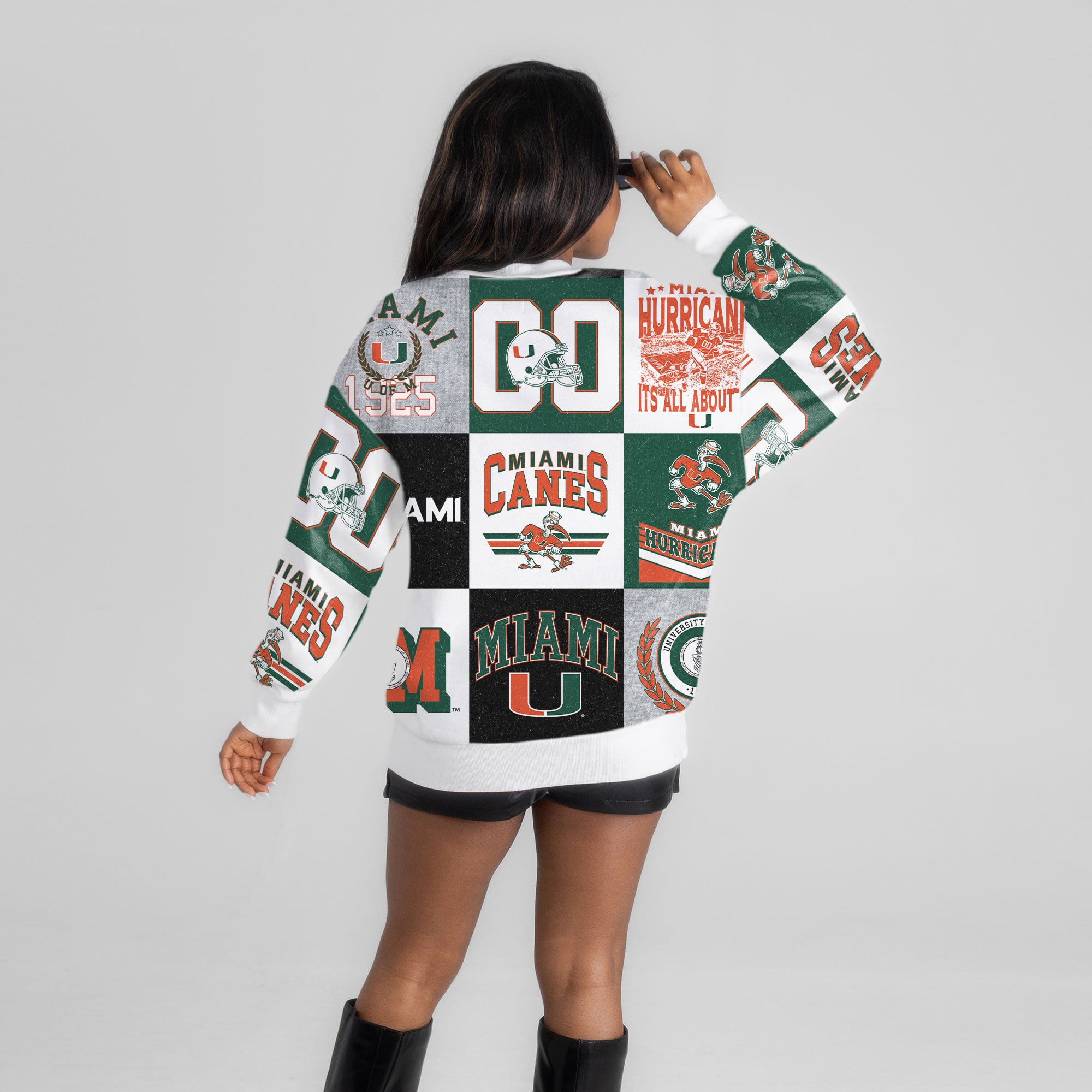 Pull à manches longues patchwork vert Miami Hurricanes Highlight Reel pour femme