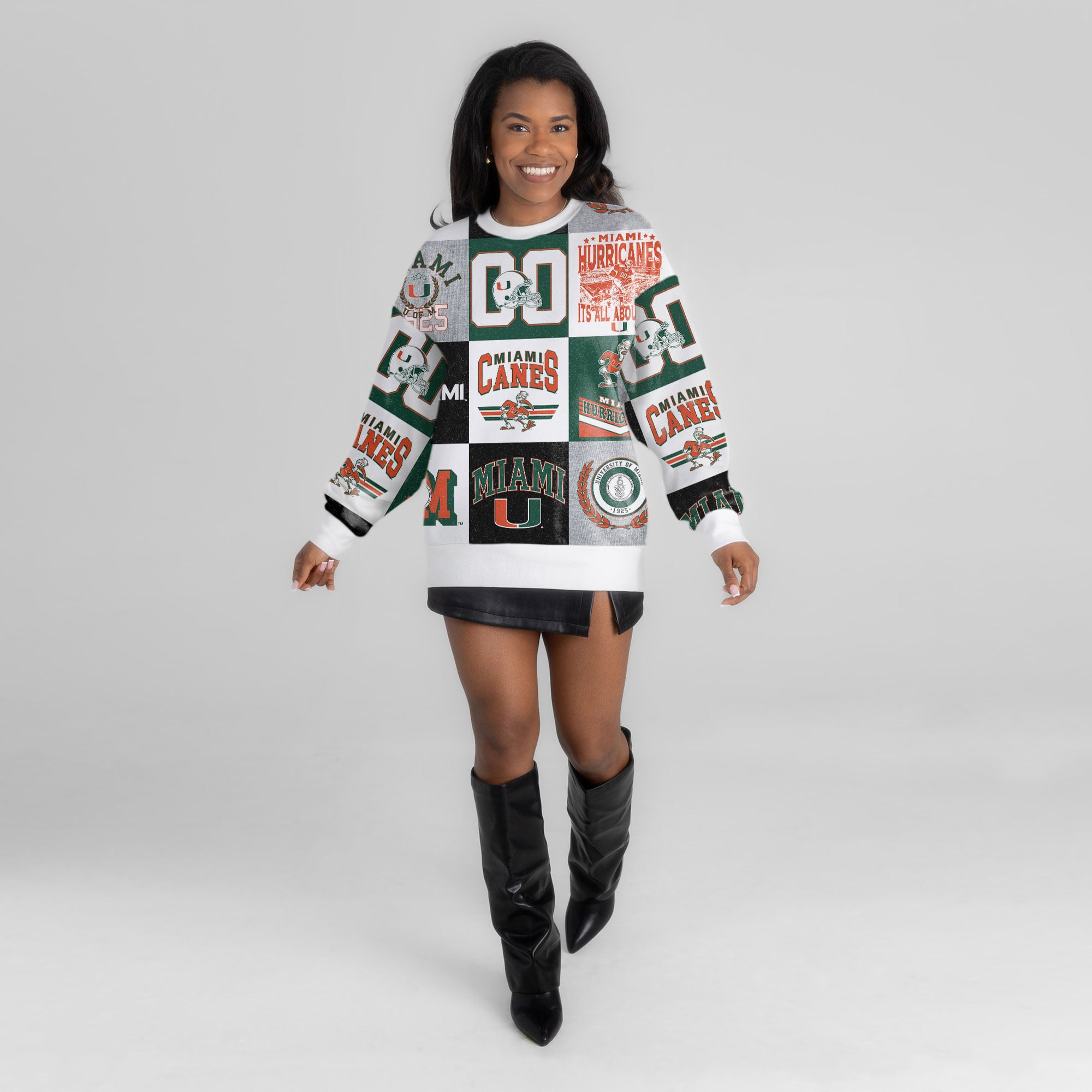 Pull à manches longues patchwork vert Miami Hurricanes Highlight Reel pour femme