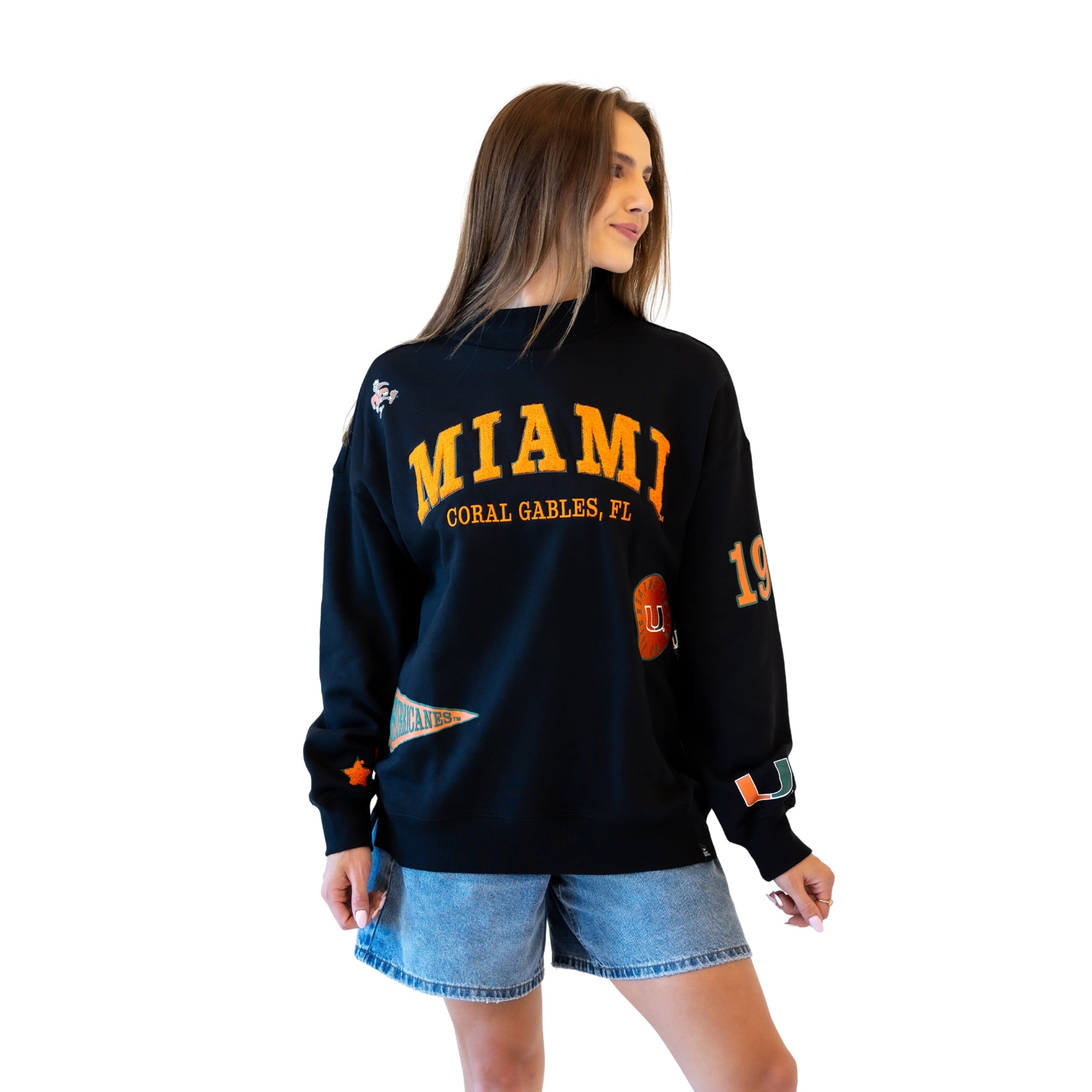 Sweat-shirt à col montant noir écusson Miami Hurricanes pour femme, collection Gameday Social.
