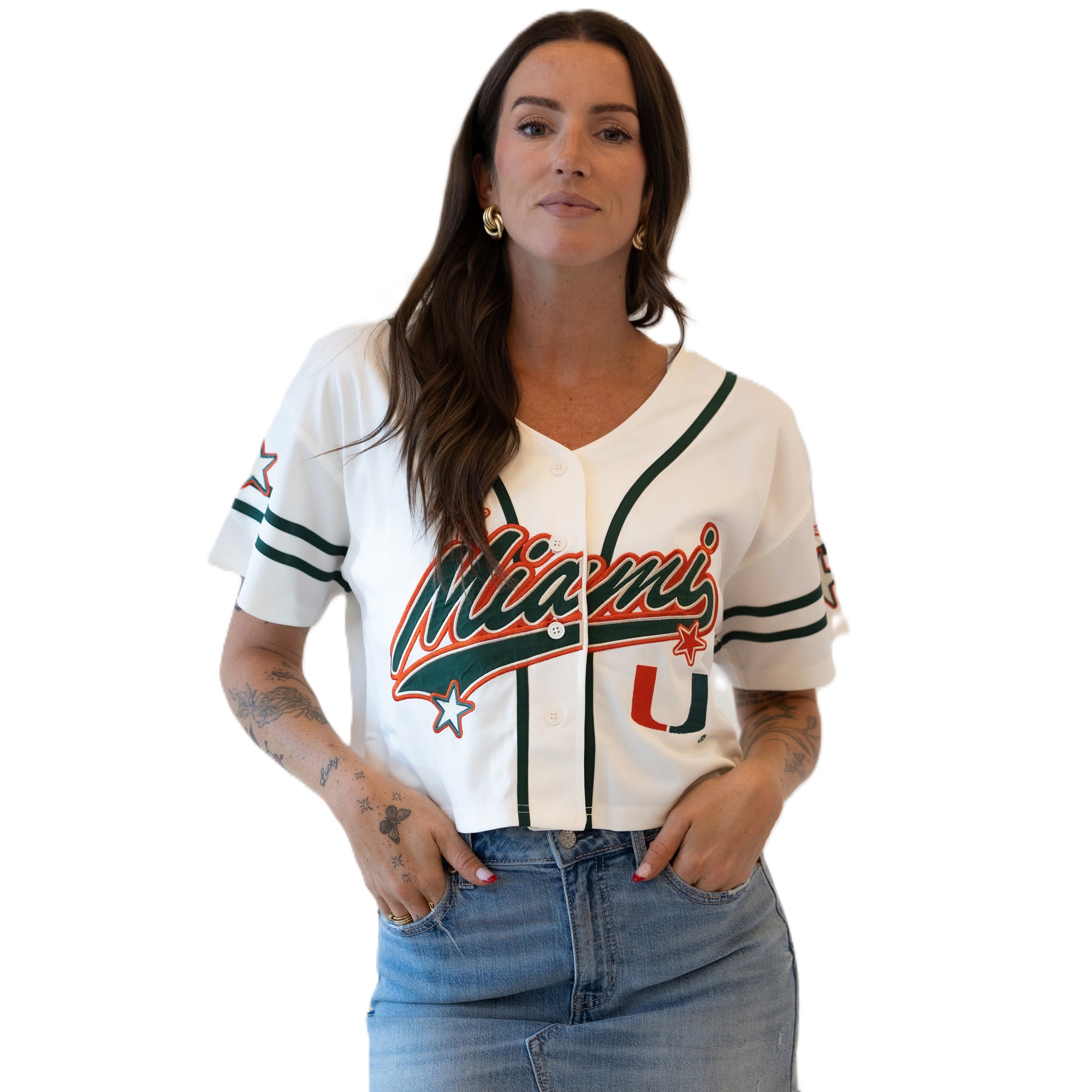 Maillot de baseball court à patch Off White Miami Hurricanes pour femmes, idéal les journées match.