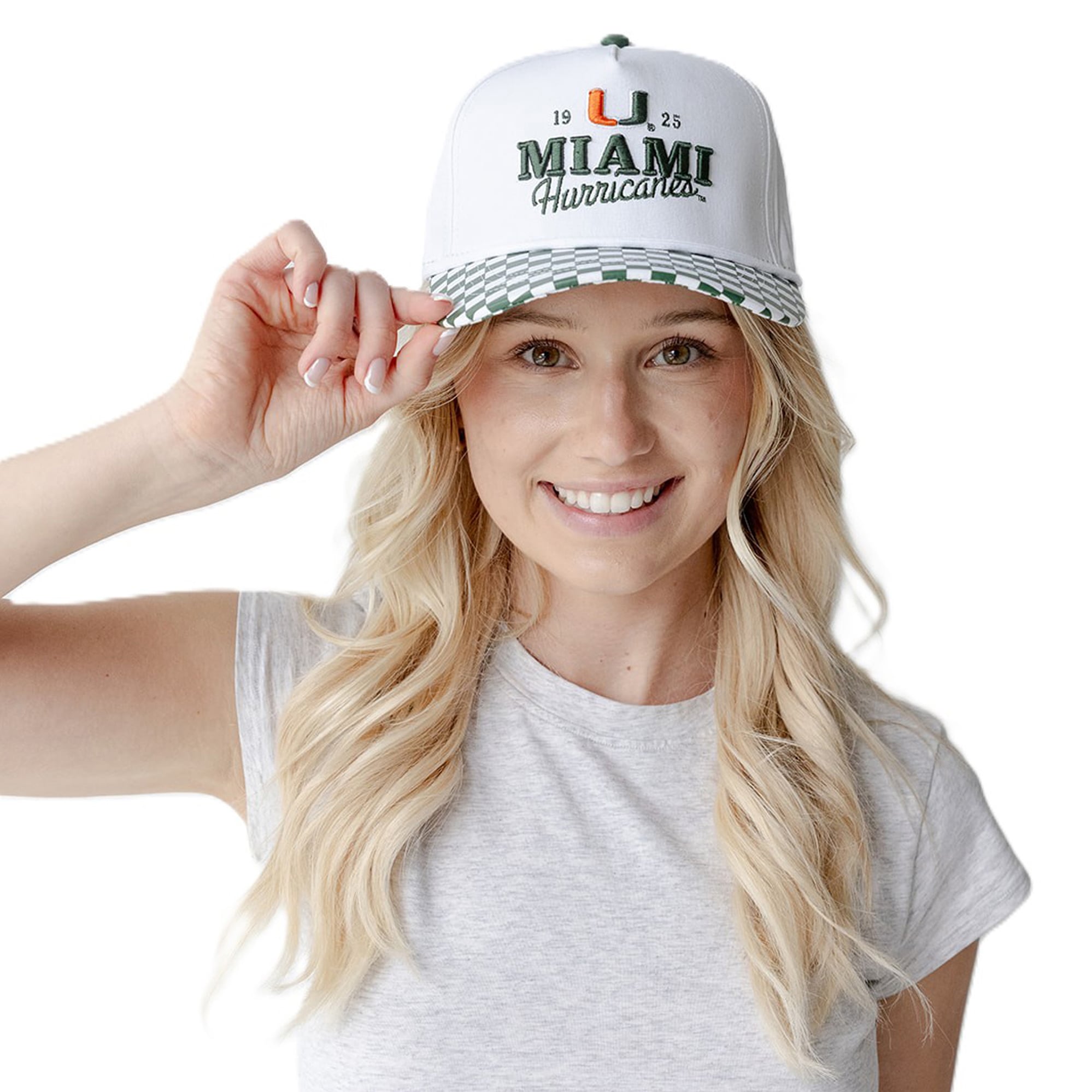 Casquette ajustable à 5 panneaux à carreaux Albon des Miami Hurricanes, modèle blanc, pour femmes, idéale pour les jours de match.