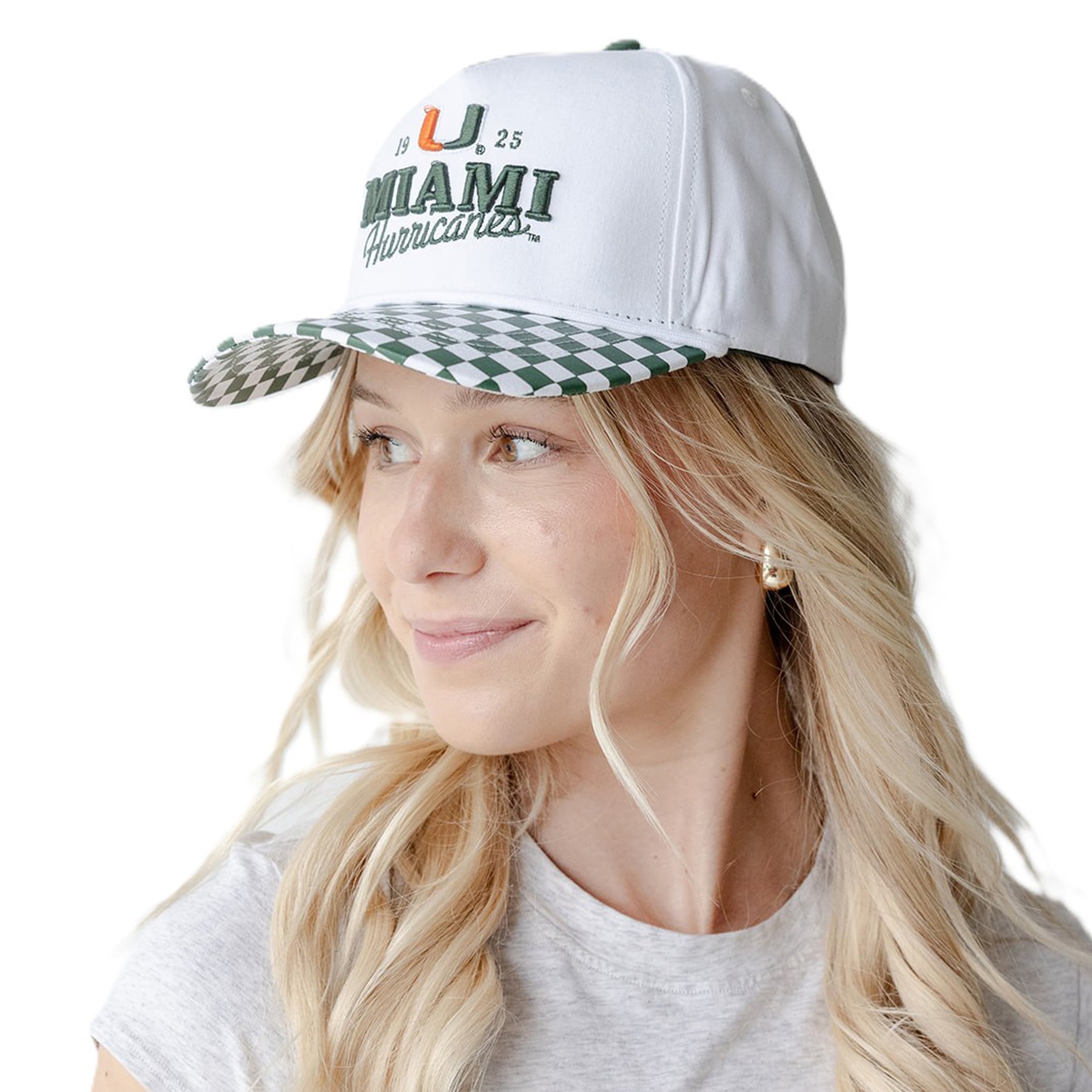 Casquette ajustable à 5 panneaux à carreaux Albon des Miami Hurricanes, modèle blanc, pour femmes, idéale pour les jours de match.
