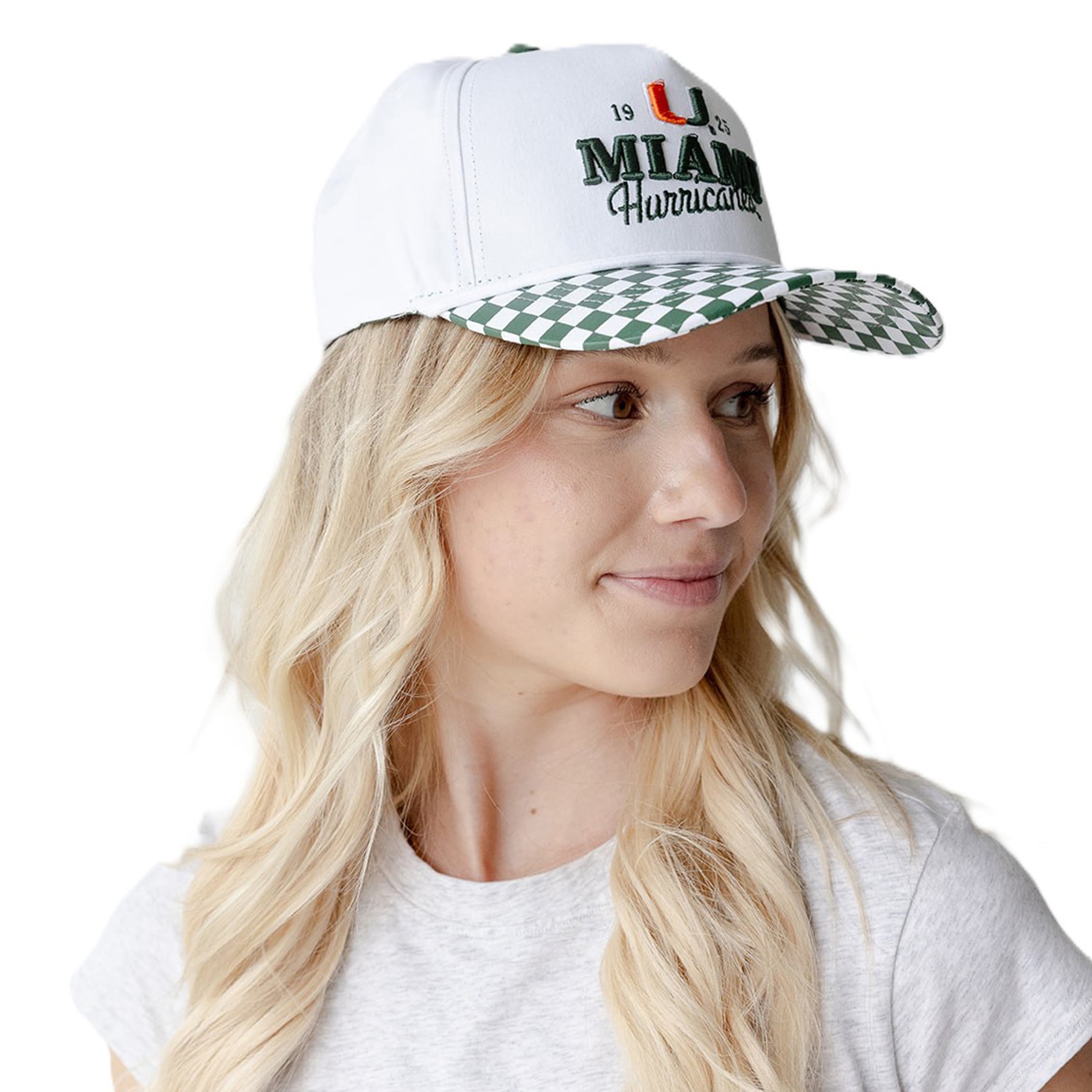 Casquette ajustable à 5 panneaux à carreaux Albon des Miami Hurricanes, modèle blanc, pour femmes, idéale pour les jours de match.