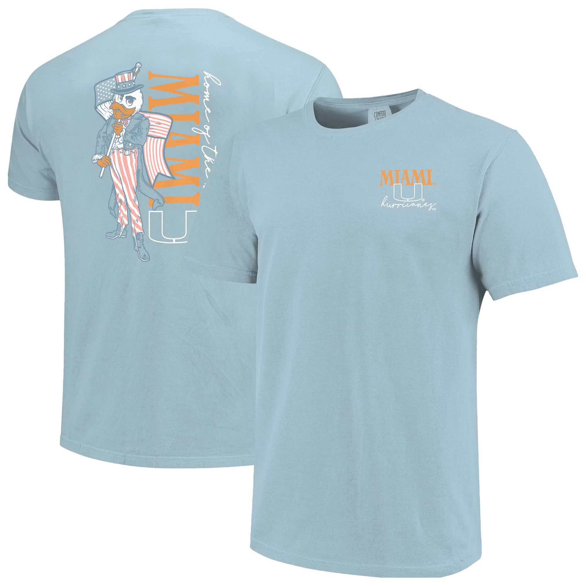 Women's Light Blue Miami Hurricanes Americana Mascot Comfort Colors T-Shirt