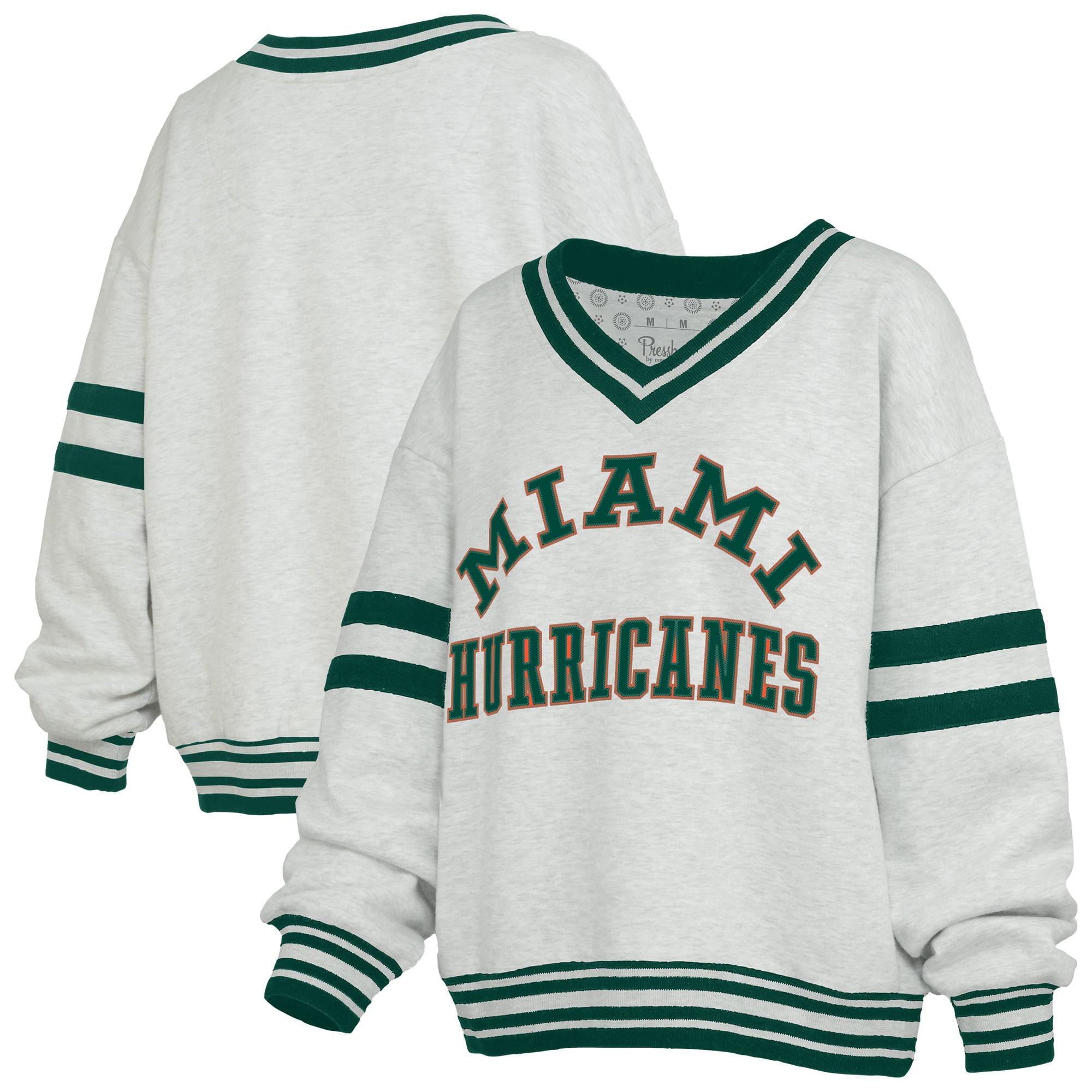 Women's Pressbox Gray/Green Miami Hurricanes Tackle Twill Oates V-Neck Sweatshirt