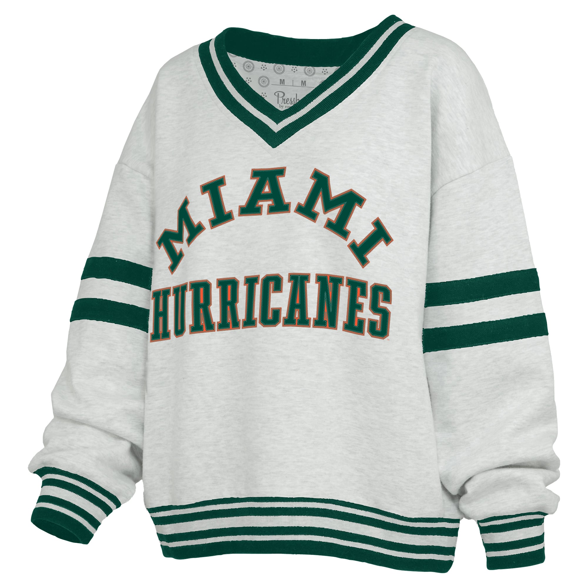 Women's Pressbox Gray/Green Miami Hurricanes Tackle Twill Oates V-Neck Sweatshirt