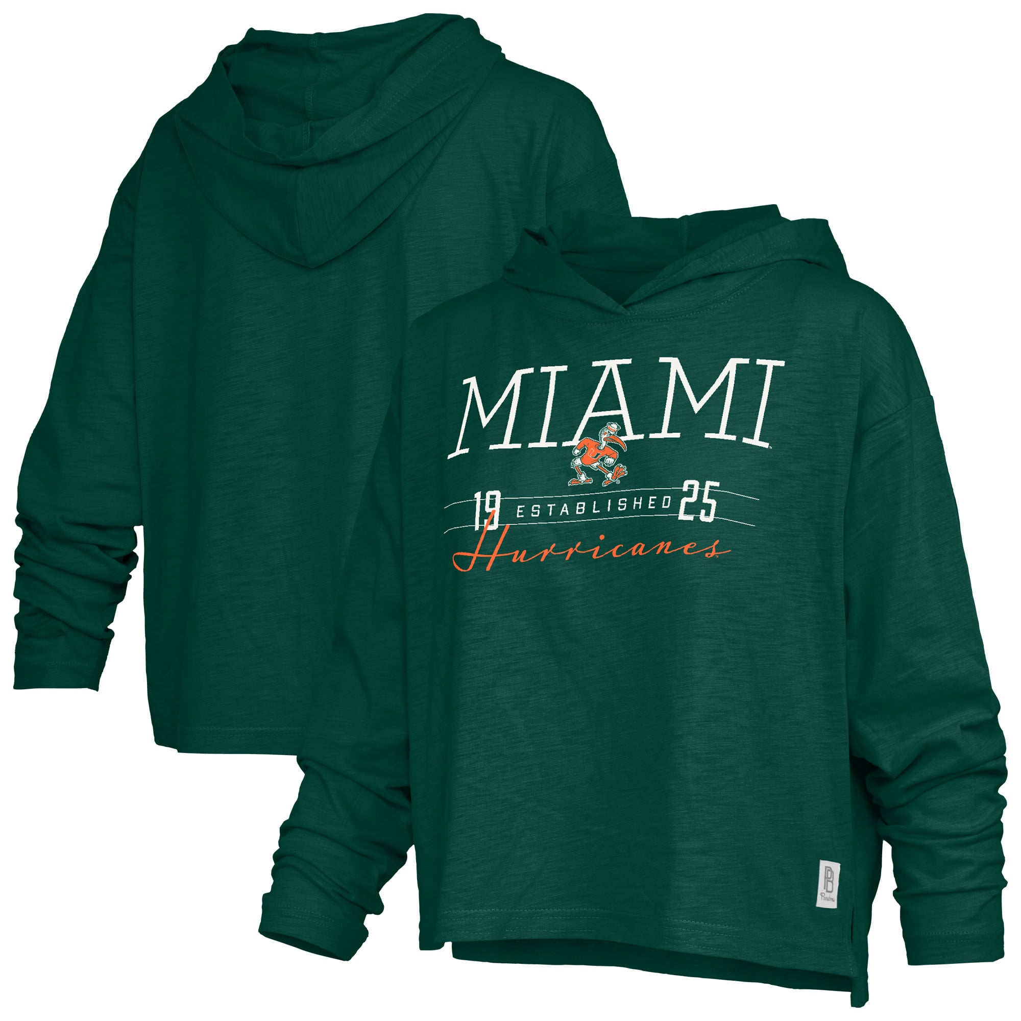Women's Pressbox  Green Miami Hurricanes Castillo Slub Waist Length Long Sleeve Hooded T-Shirt