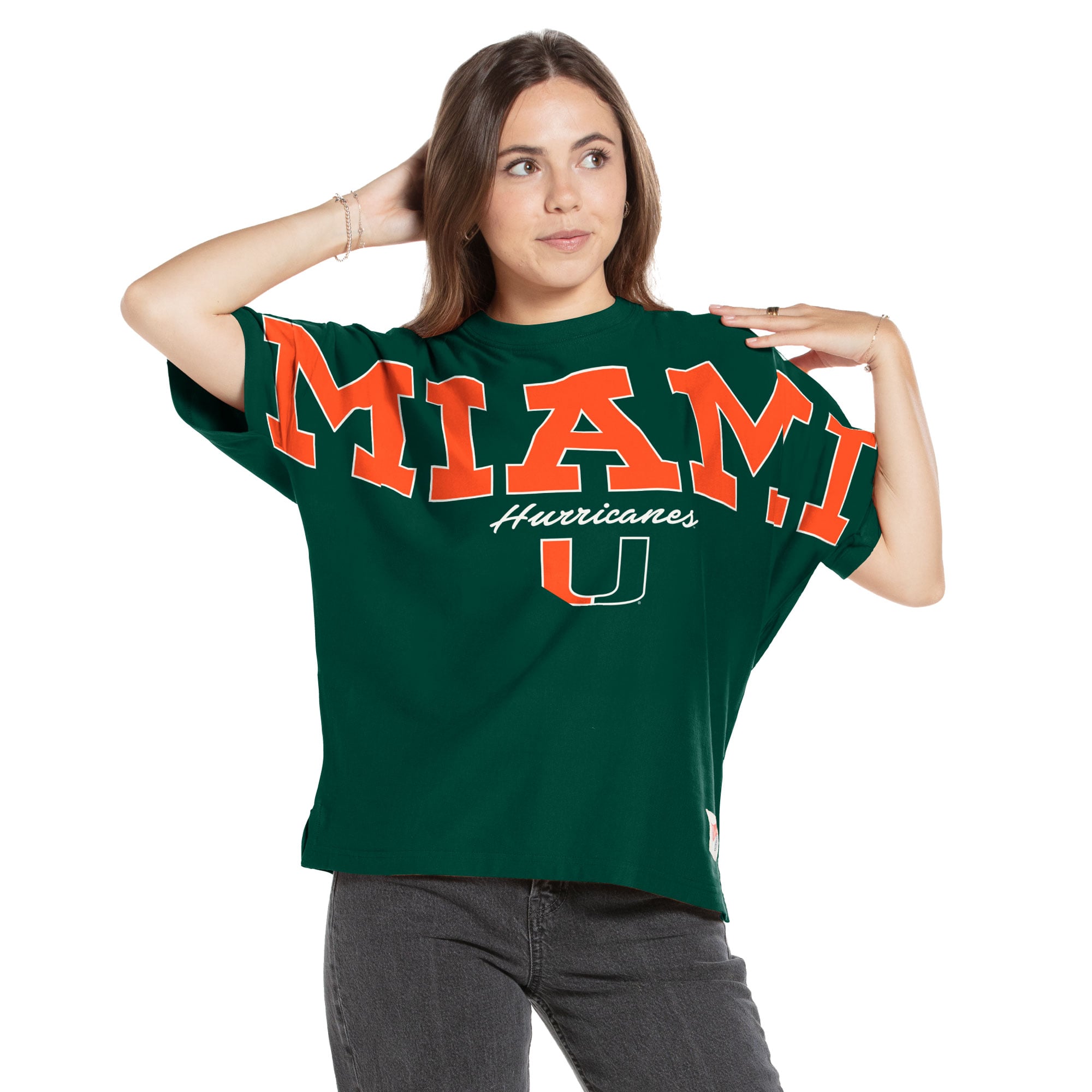Women's Pressbox  Green Miami Hurricanes Flannigan Oversized T-Shirt