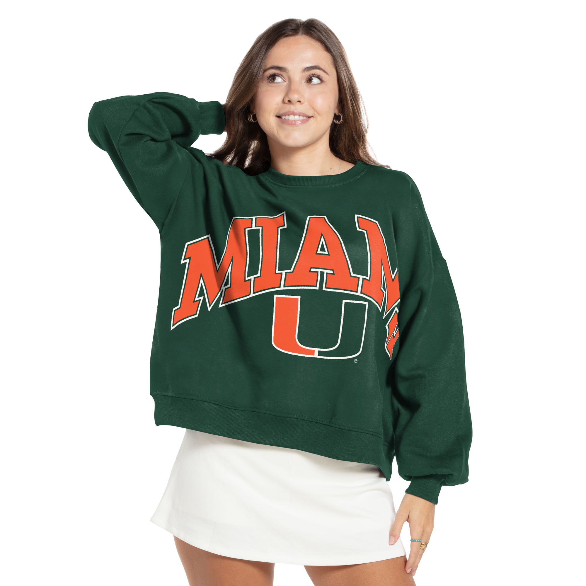 Women's Pressbox Green Miami Hurricanes Oversized Janice Waist-Length Sweatshirt