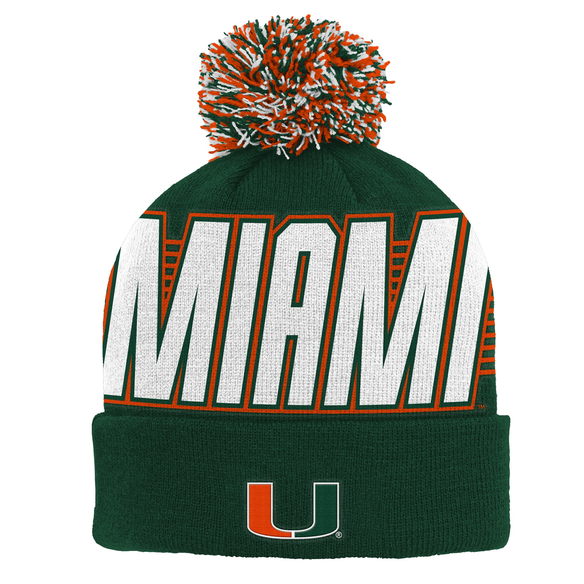Bonnet tricoté à revers vert Miami Hurricanes pour enfant Outerstuff avec pompon