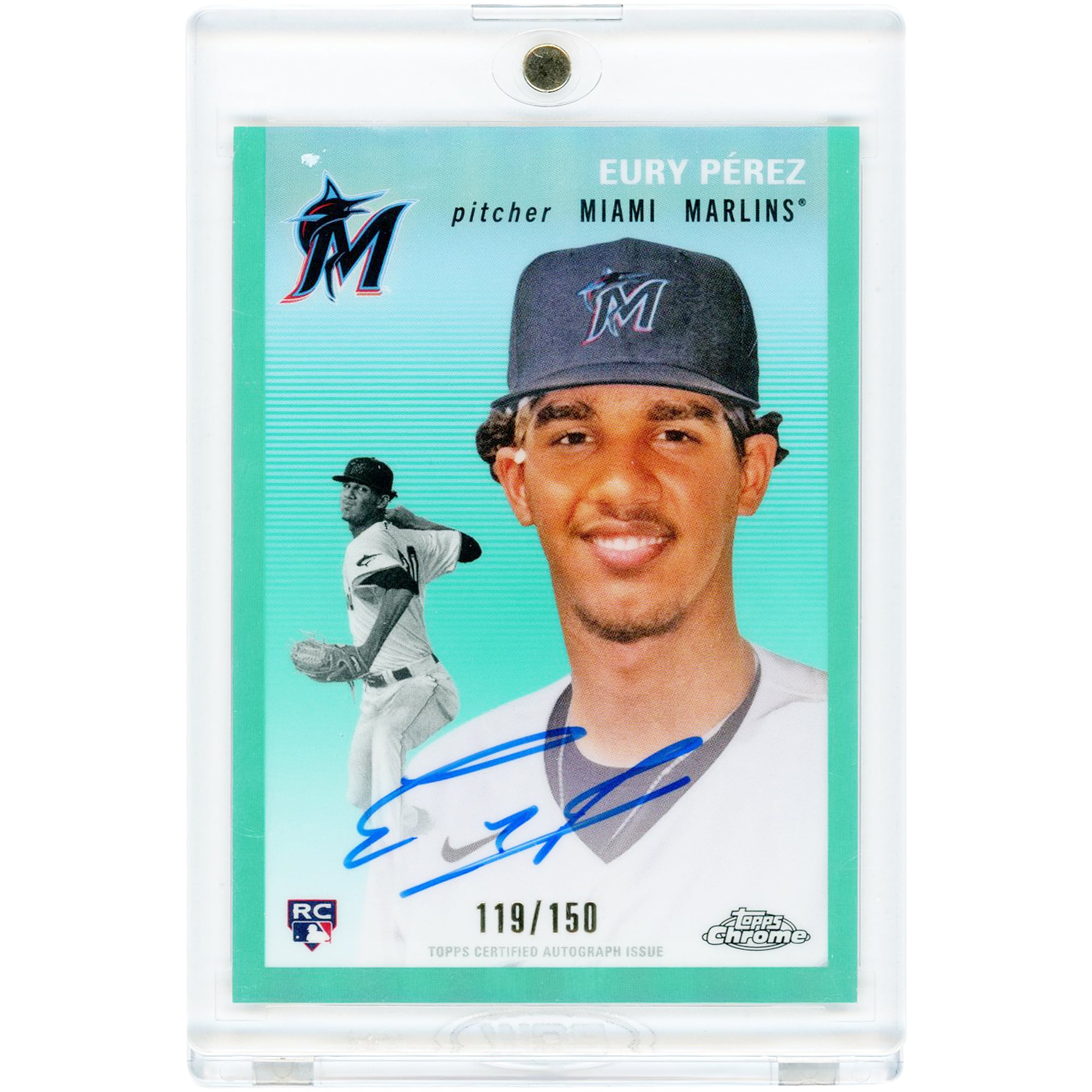 Carte de recrue autographiée Eury Perez des Marlins de Miami, édition 2023 Topps Chrome Platinum Anniversary Aqua Refractor #CPA-EP #119/150