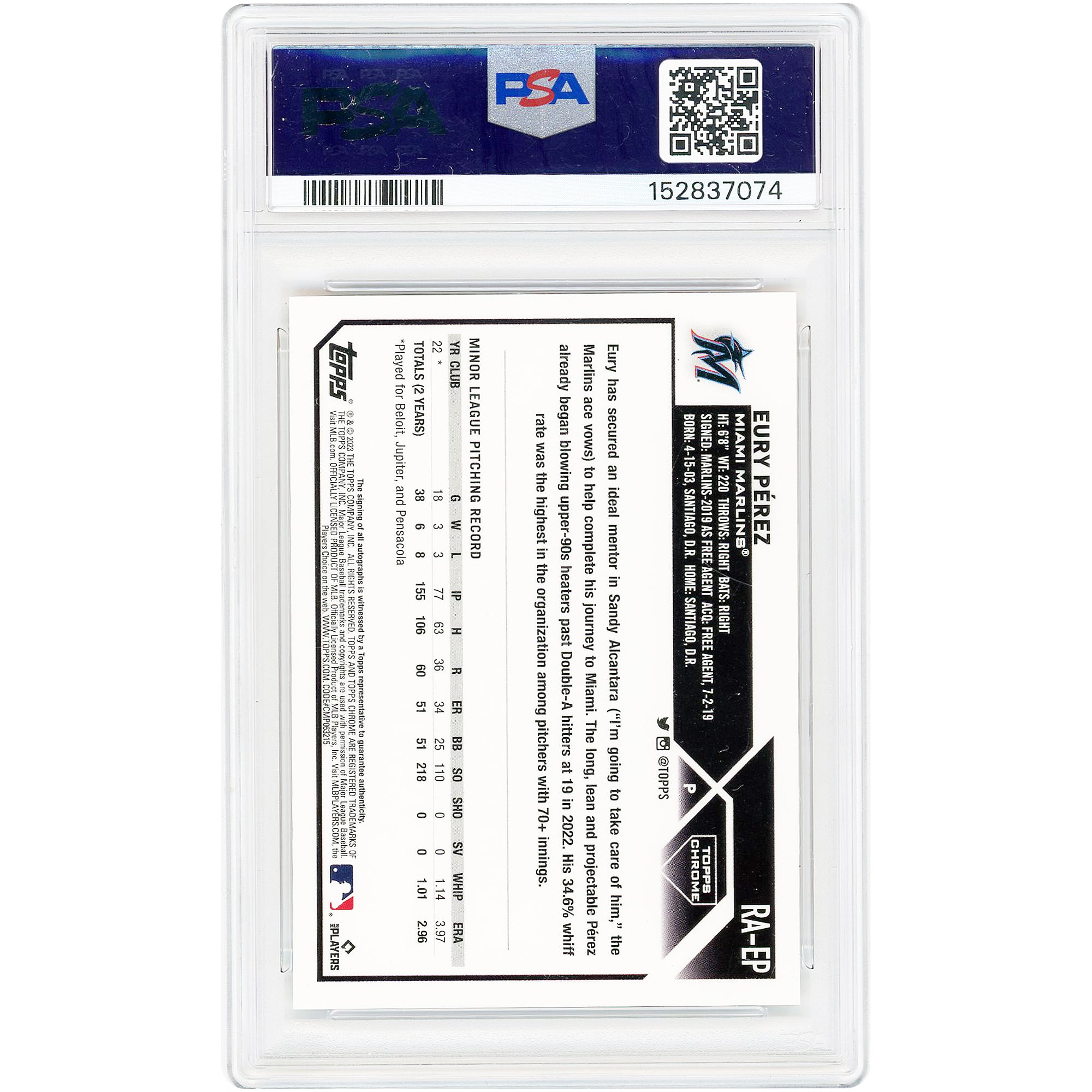 Eury Perez Miami Marlins Autographed 2023 Topps Chrome Update Orange Refractor #RA-EP #25/25 PSA Authenticated 9 Rookie Card