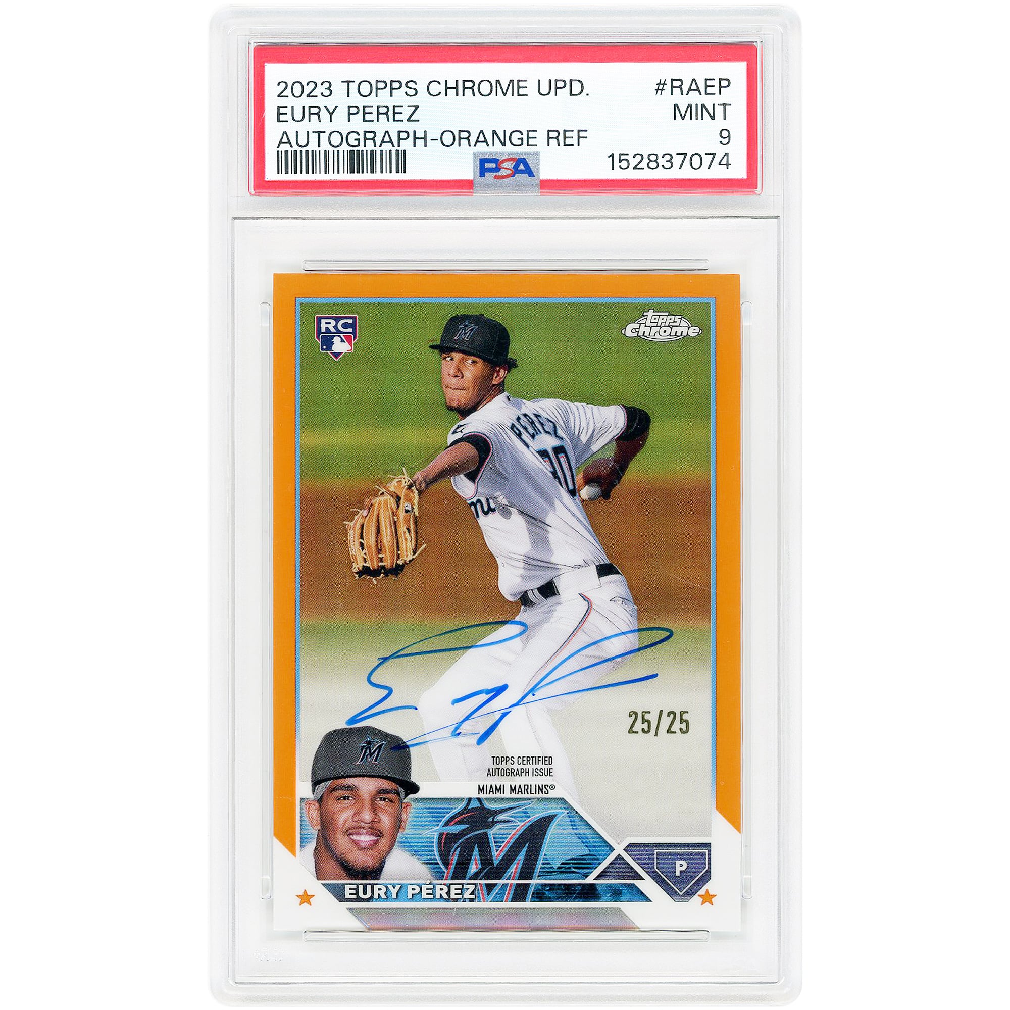 Eury Perez Miami Marlins Autographed 2023 Topps Chrome Update Orange Refractor #RA-EP #25/25 PSA Authenticated 9 Rookie Card