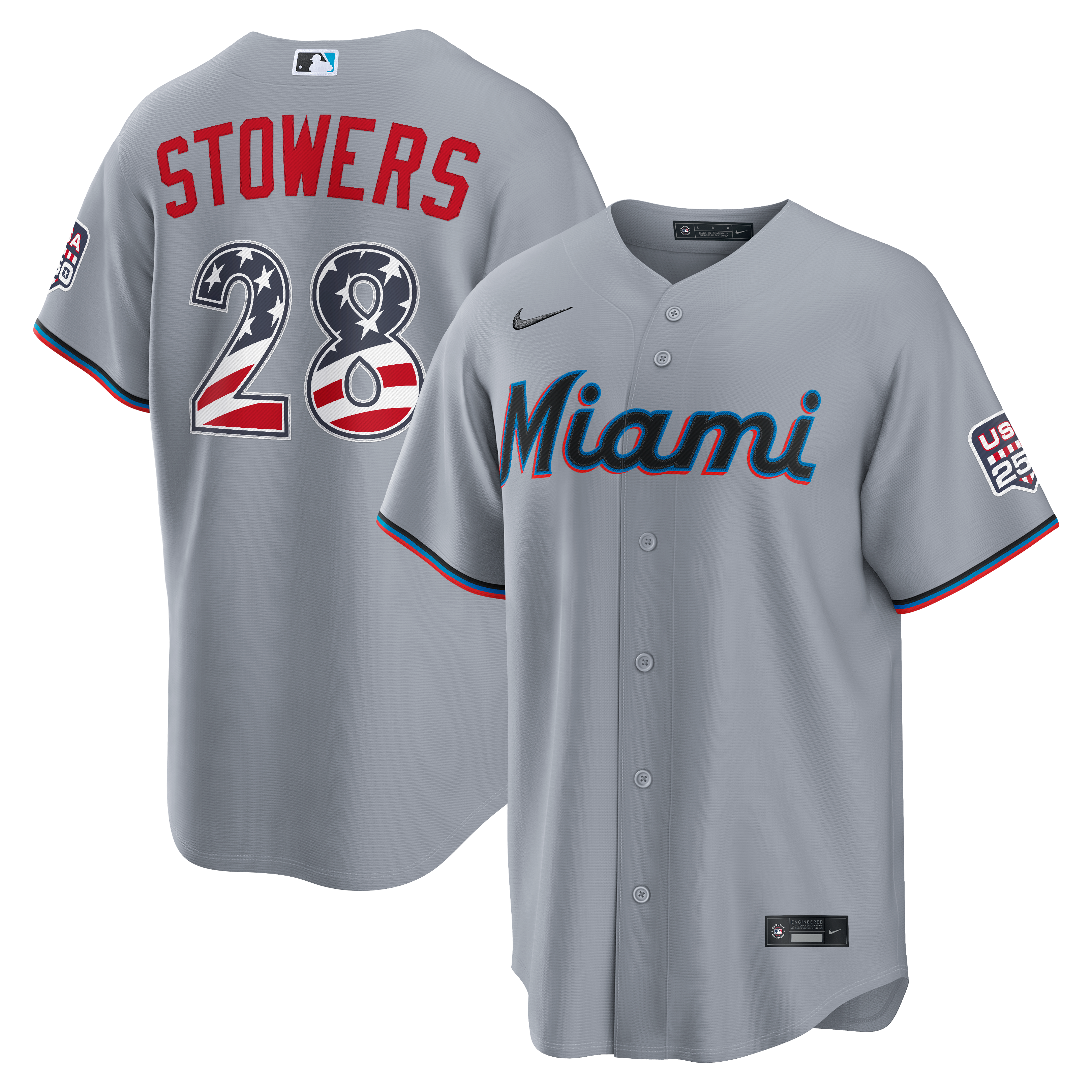 Maillot Nike gris USA 250 Stadium des Miami Marlins pour hommes, Kyle Stowers, édition spéciale 4 juillet