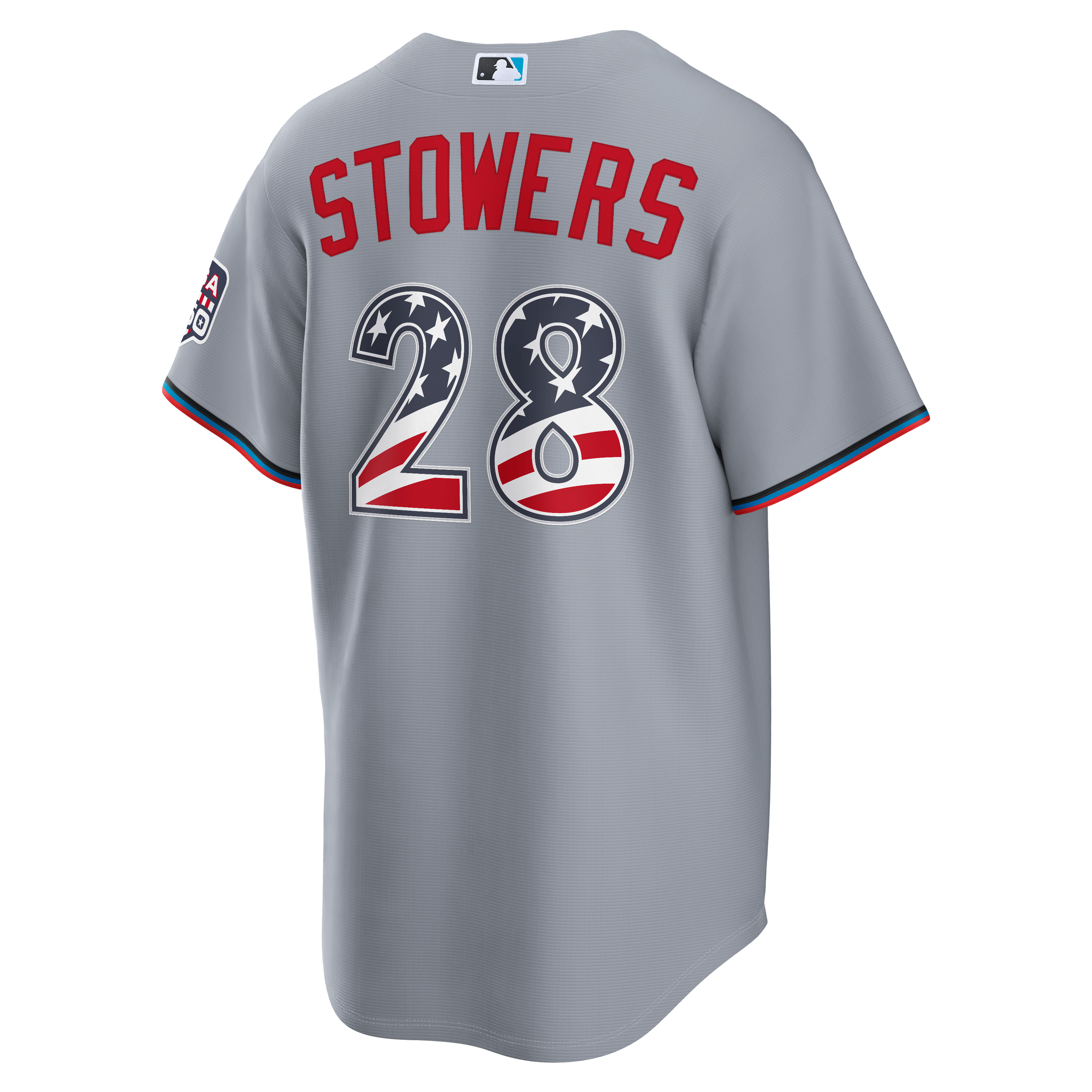 Maillot Nike gris USA 250 Stadium des Miami Marlins pour hommes, Kyle Stowers, édition spéciale 4 juillet